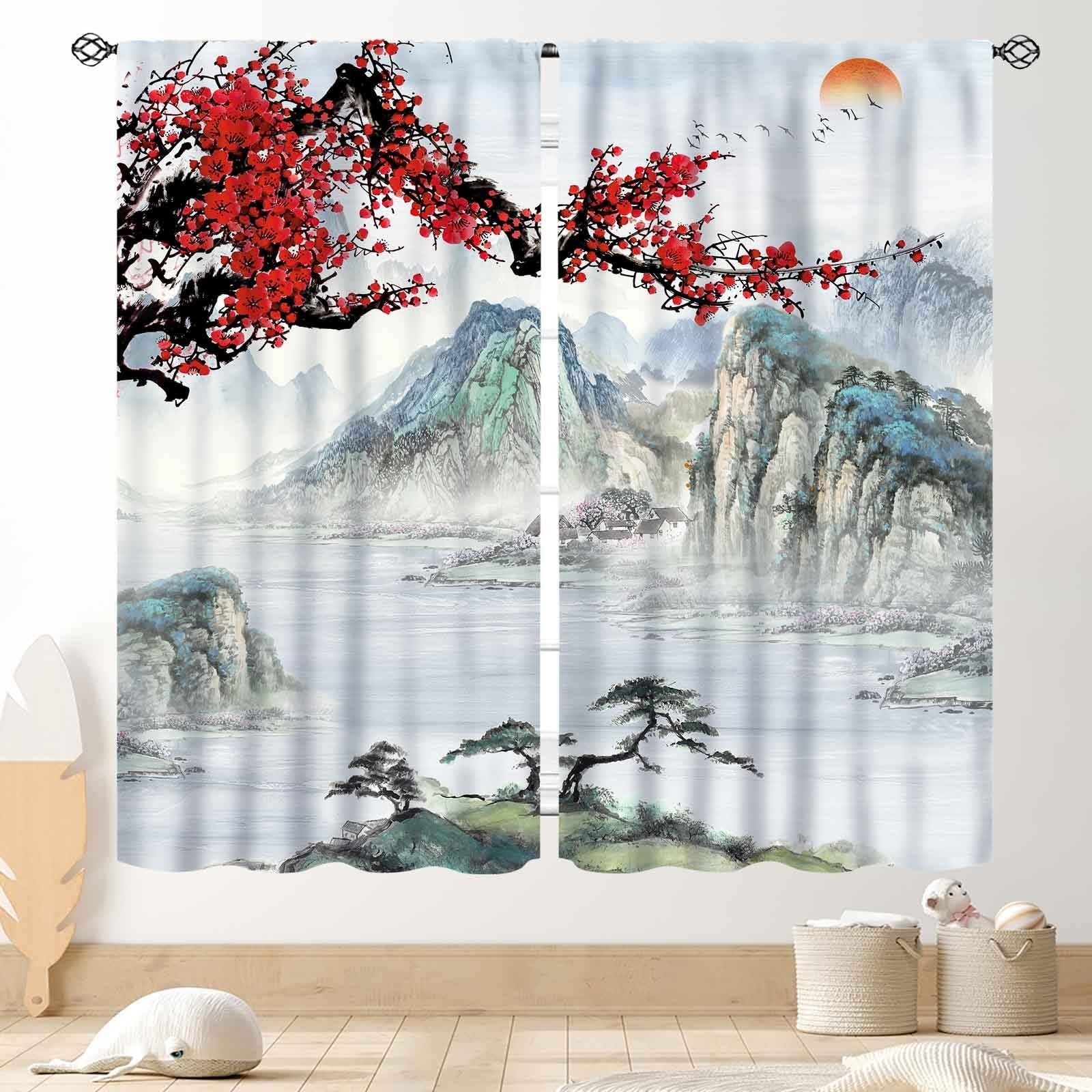 Asian Curtains for Bedroom, Traditional Ink Painting Nature Landscape Mountai…