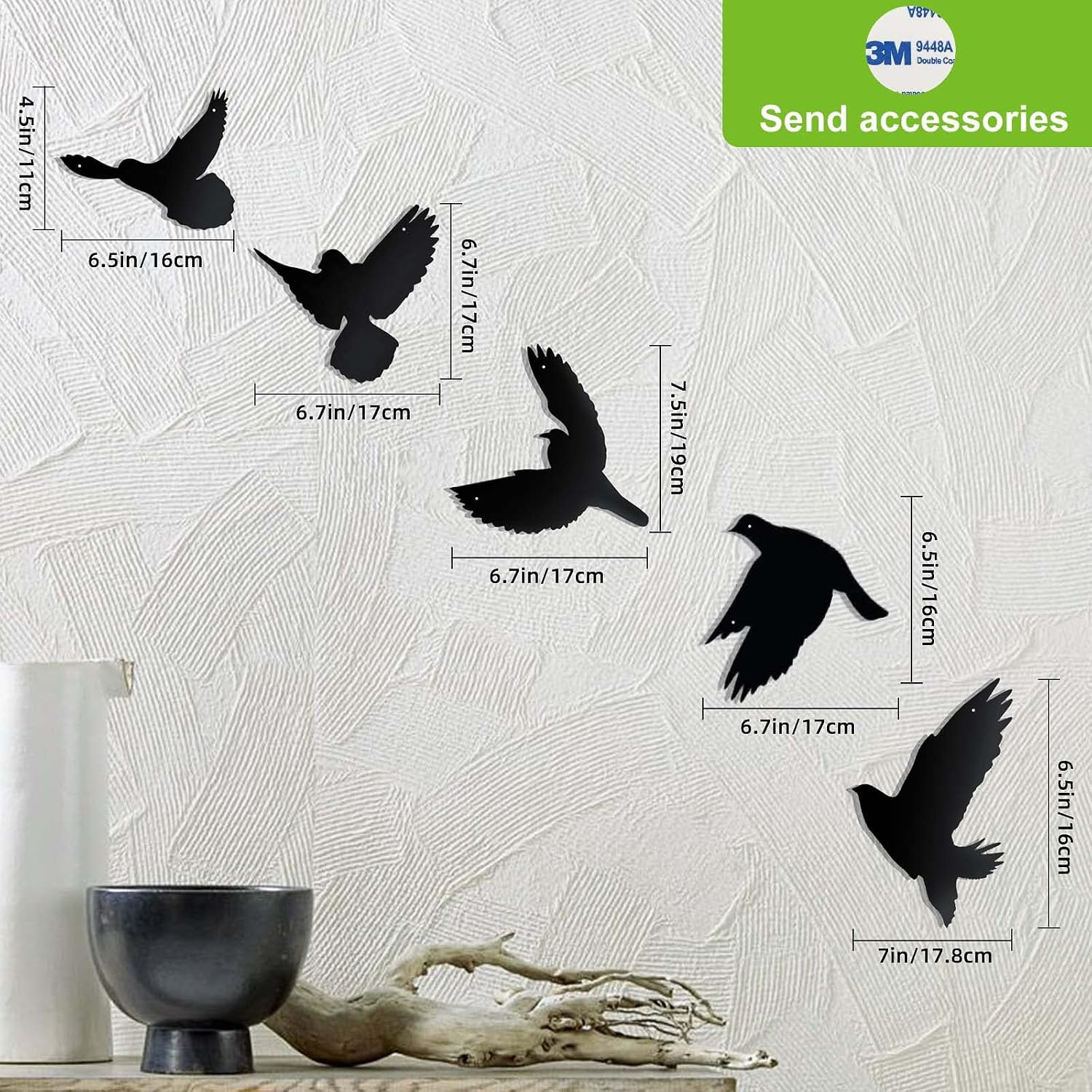Art Metal Wall Decor, 5Pcs 3D Modern Black Birds Metal Wall Stickers for Living