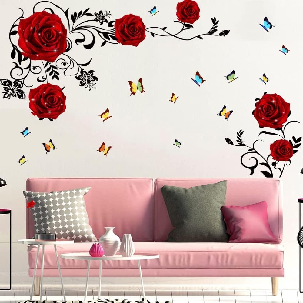 Red Rose Wall Stickers Floral Vinyl Decal for Bedroom Living Room Reusable