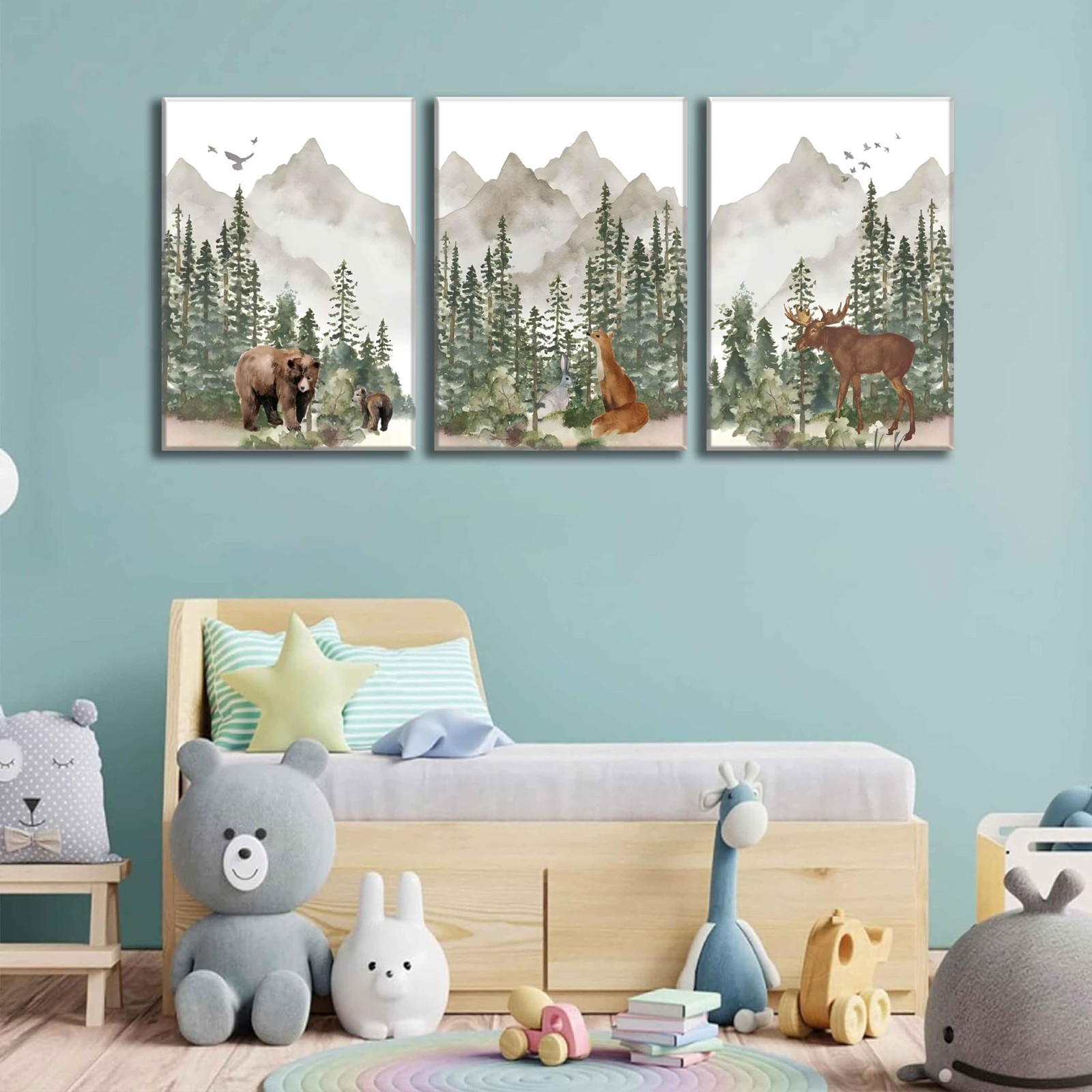 3Pcs Woodland Nursery Wall Art Wild Animals Posters Pictures Foggy Forest Can…