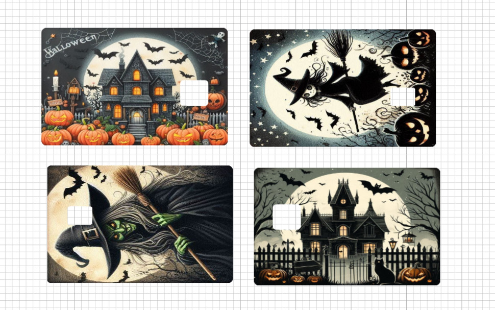 Halloween Credit Debit Card Skins Green Witch Black Pumpkin Haunted Skellington
