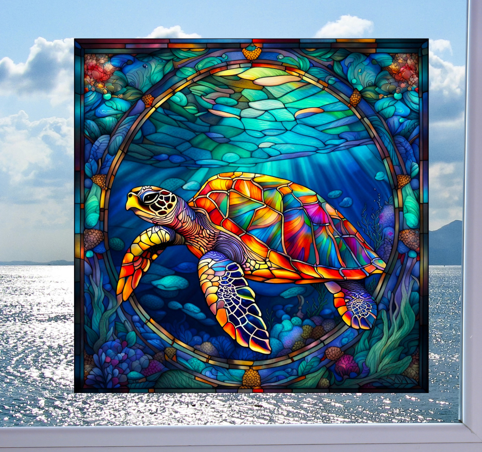 Colorful Sea Turtle Faux Stained-Glass WINDOW CLING Size 8" Square Vinyl
