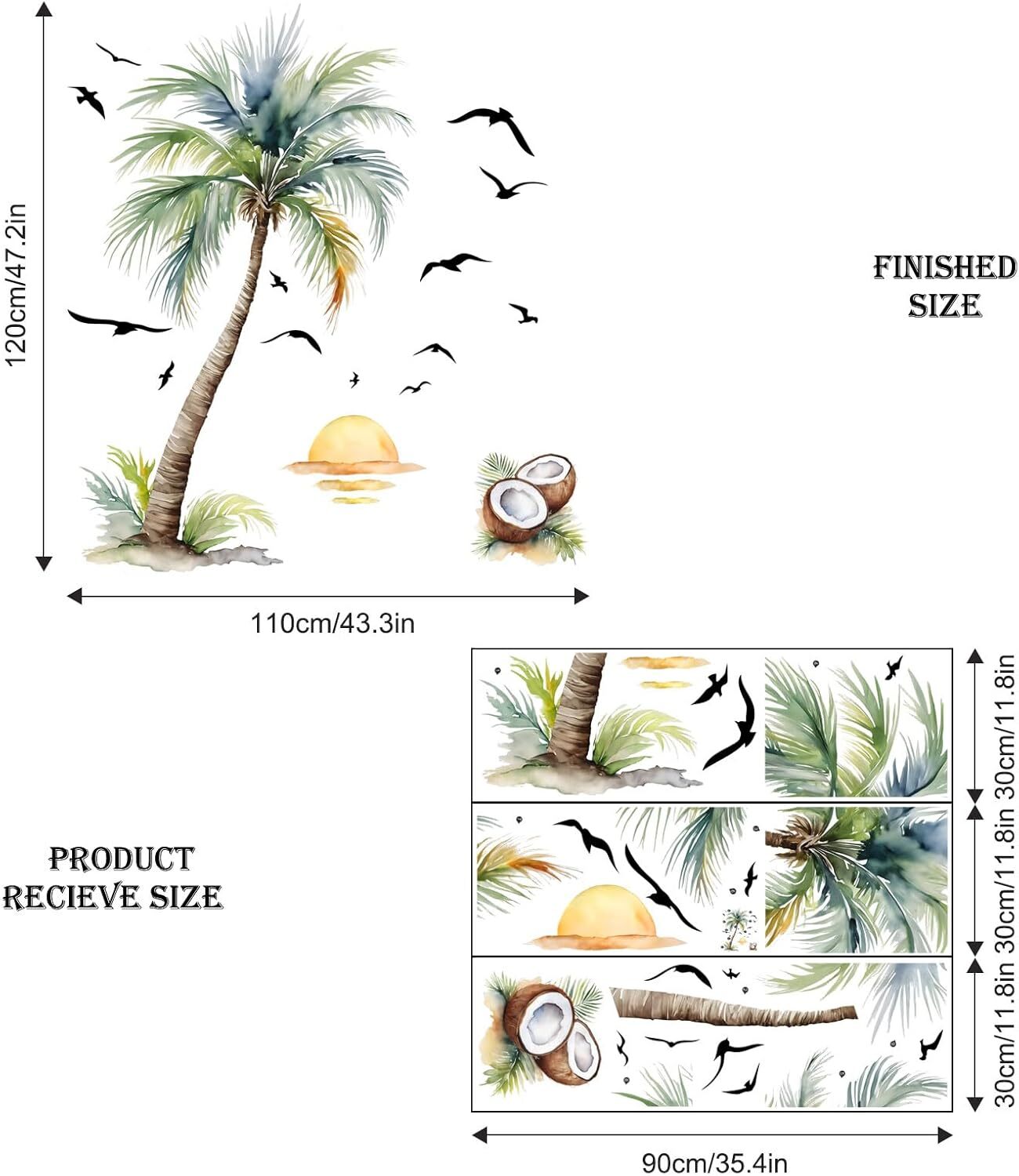 Supzone Palm Tree Wall Decals Tropical Plant Sunset Beach Multi-colored