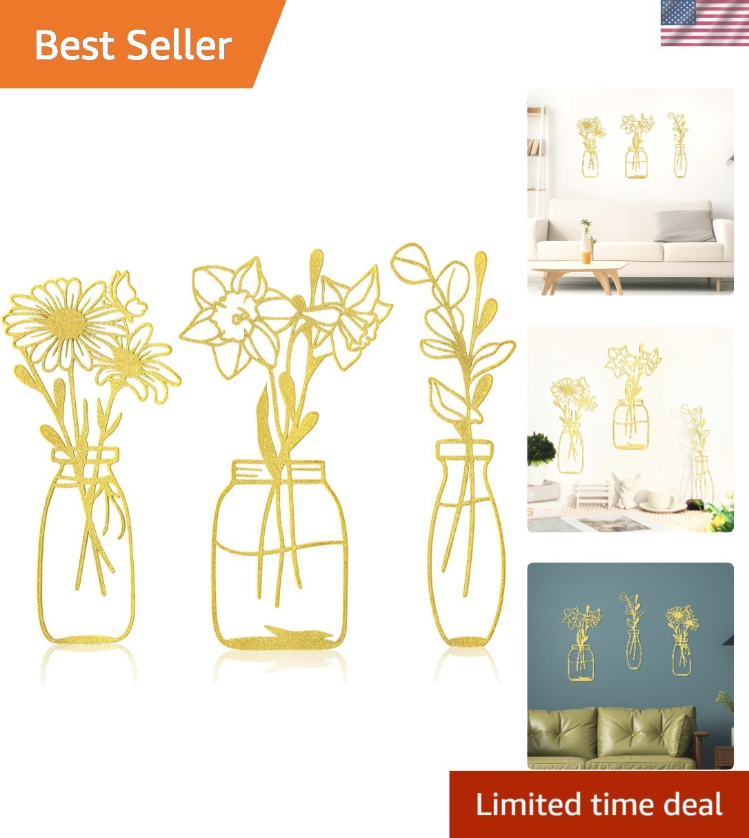 Minimalist Gold Metal Flowers Wall Sculpture Set – Perfect for Living Rooms