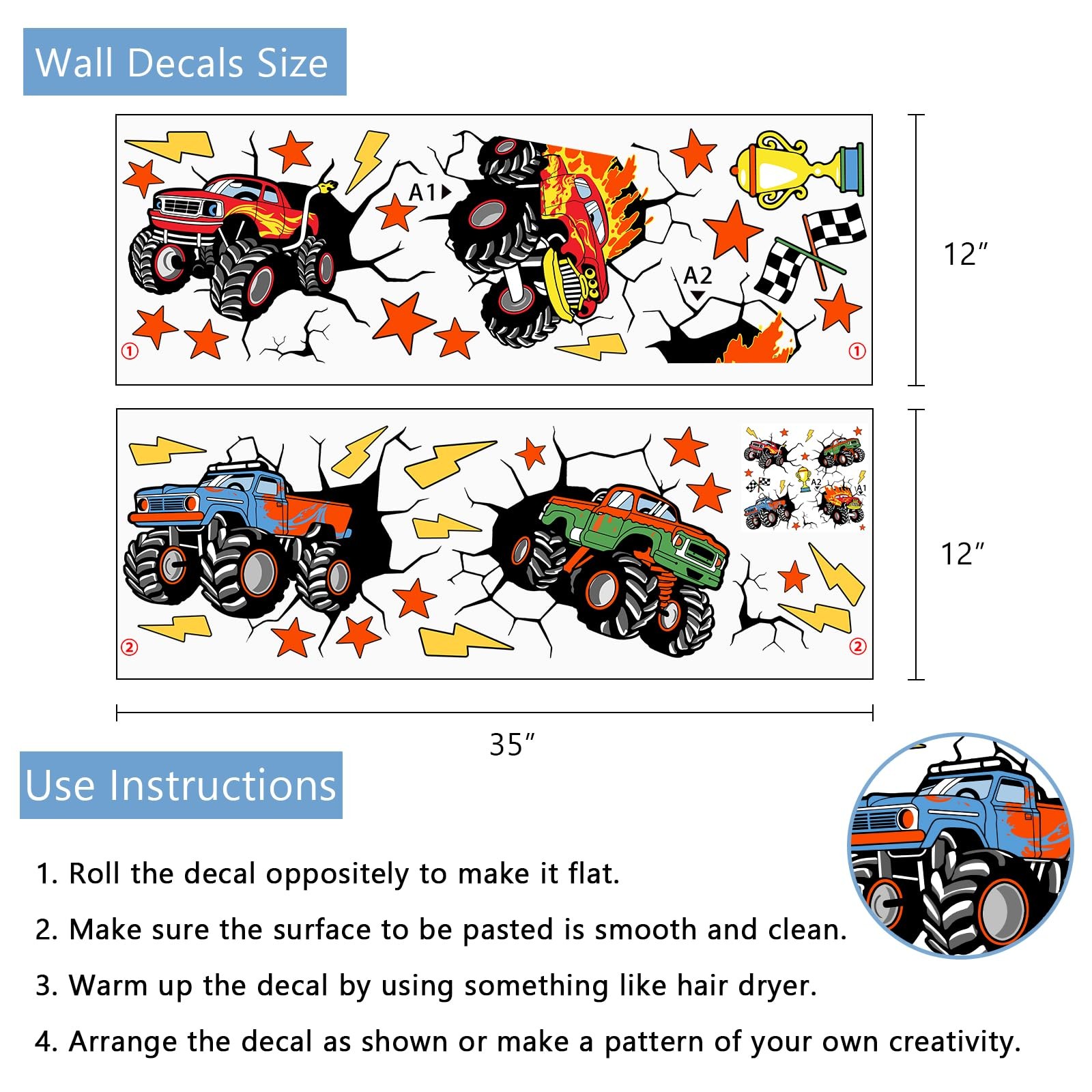 3D Racing Cars Wall Decals Stickers, Trucks Vehicles Break Through Baby Nurse…