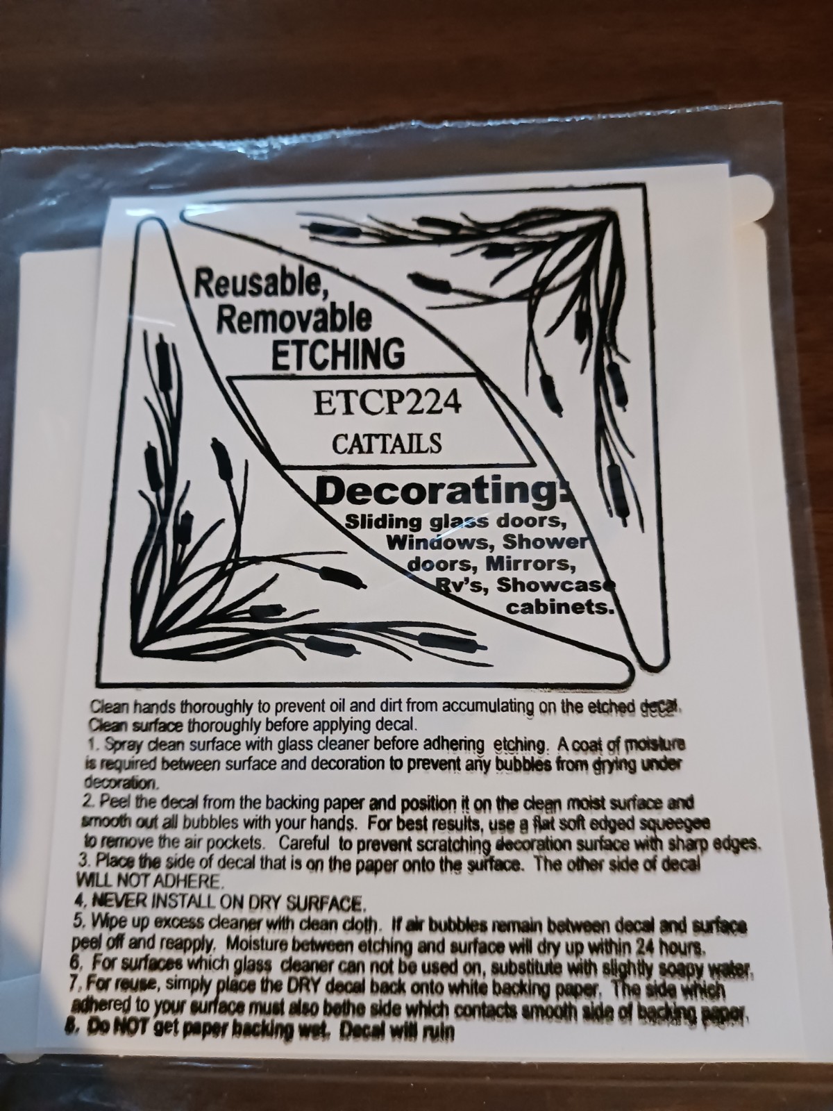 CATTAILS Etched Look Cling 5"X5" Corners Removable & Reusable 224