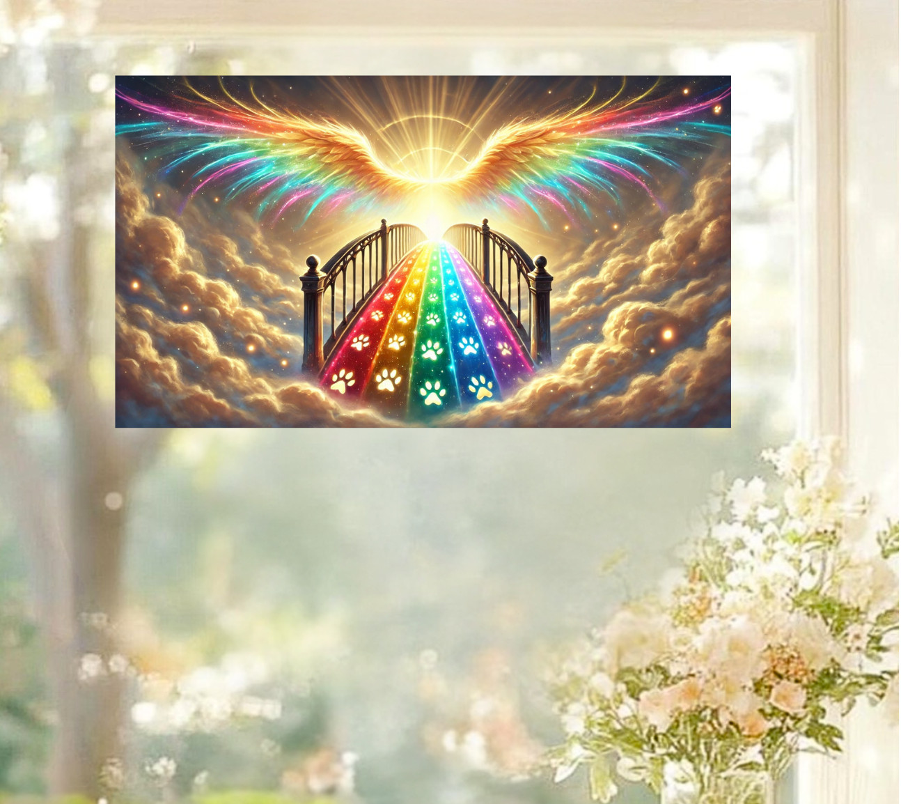 Angel Wings, Rainbow Bridge & Paw Prints WINDOW CLING Size 10.6" Vinyl
