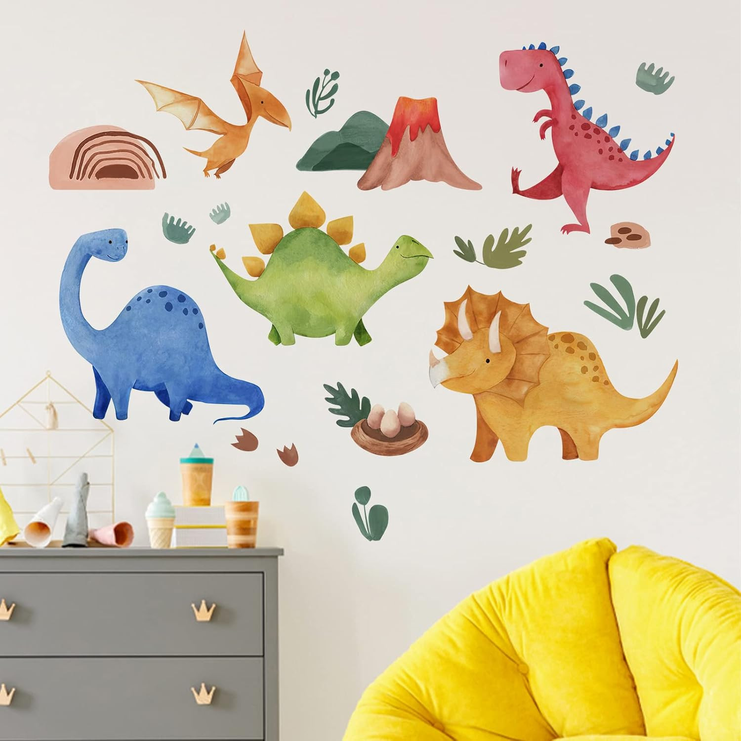 Baby Dinosaur Wall Decals Stickers, Dino Volcano Cave Neutral Nursery Toddler…