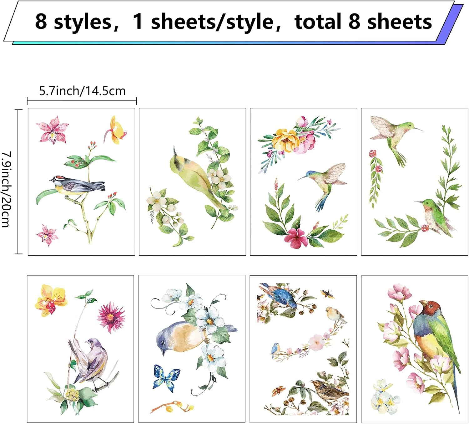 8 Sheets Wall Decals Hummingbird Flowers Butterfly Window Stickers