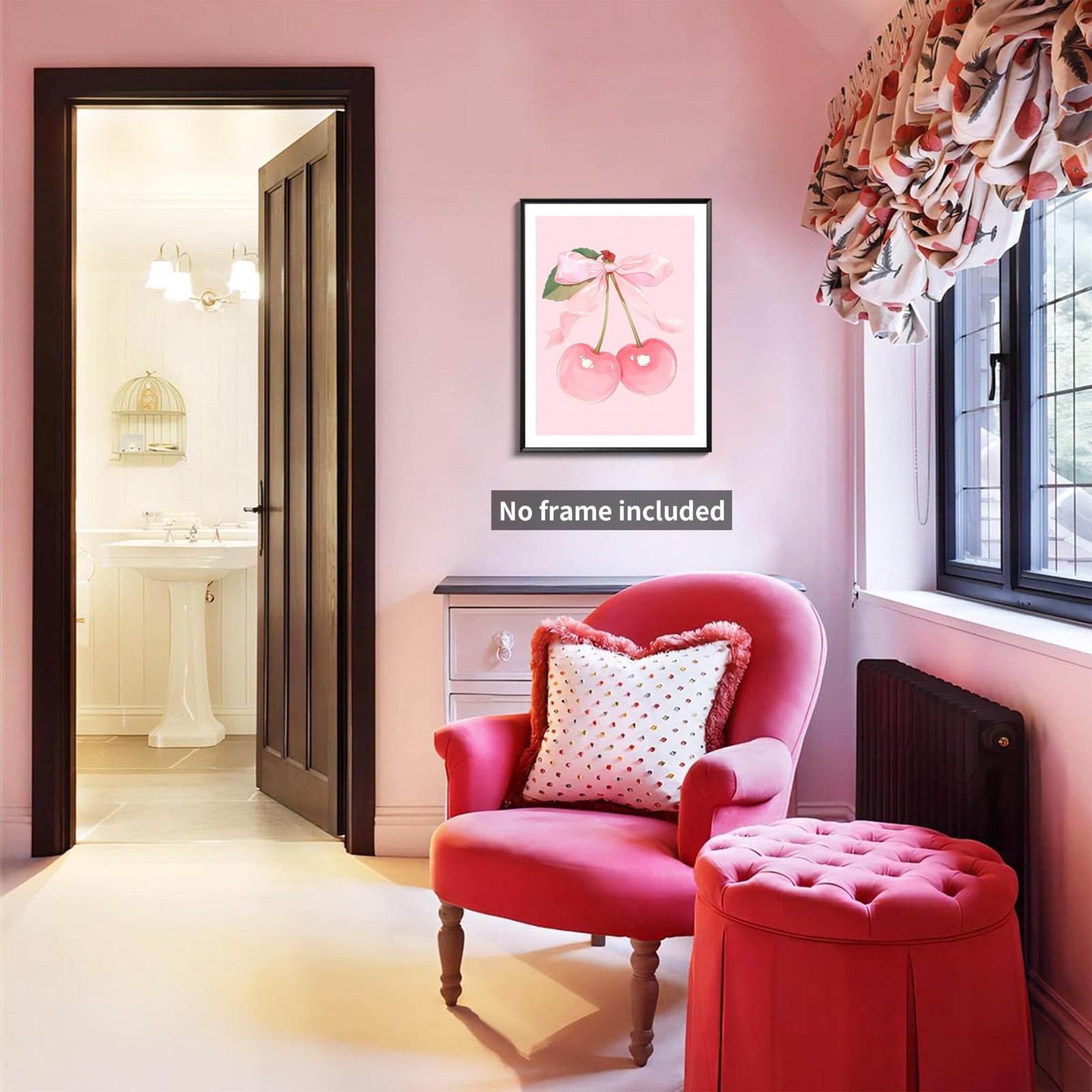 Trendy Pink Bows Posters Wall Art Set of 3, Vintage Preppy Cherry Picture Pri…