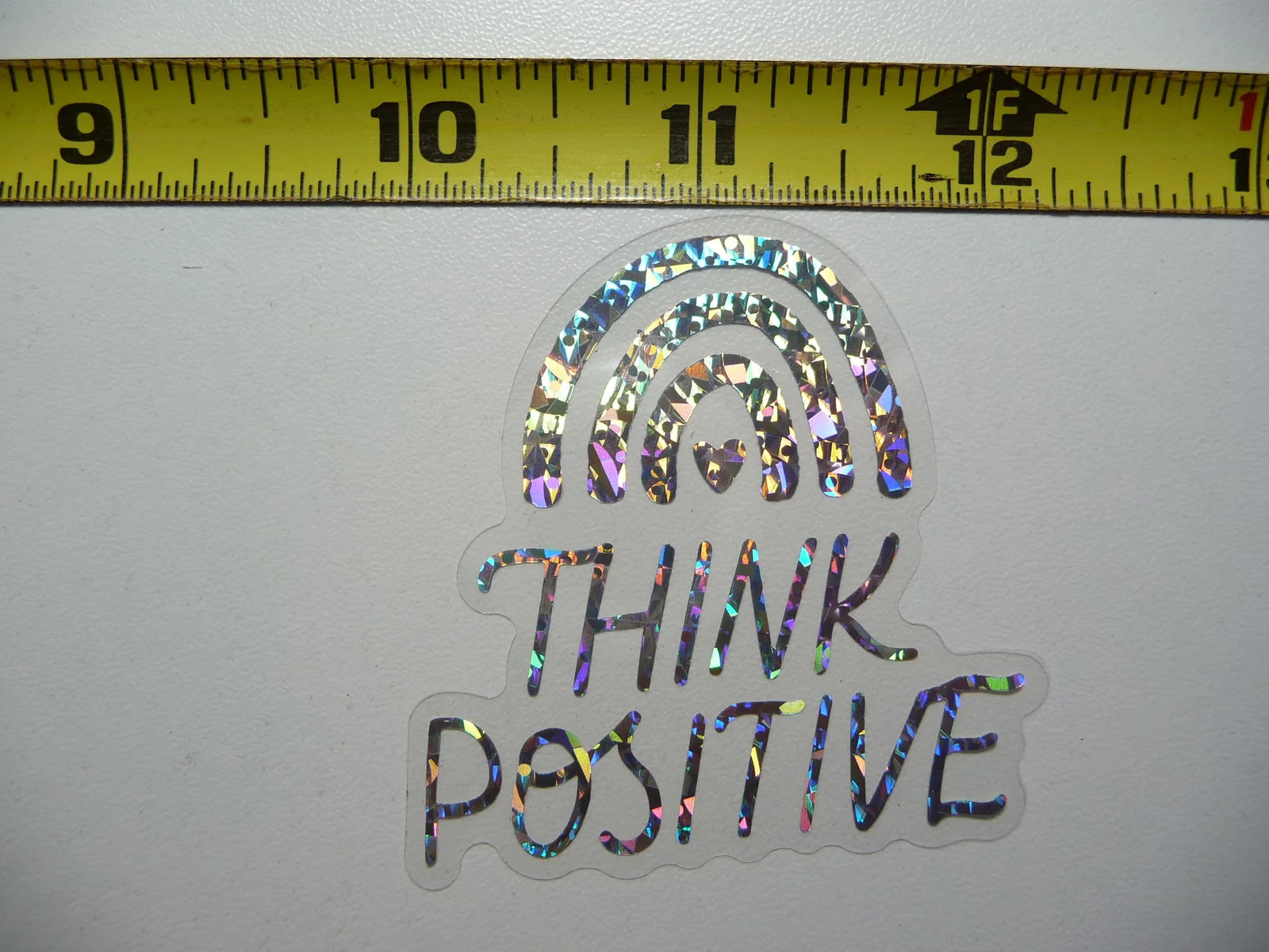 THINK POSITIVE RAINBOW HEART SMALL STICKER DECAL HOLOGRAPHIC MOTIVATIONAL
