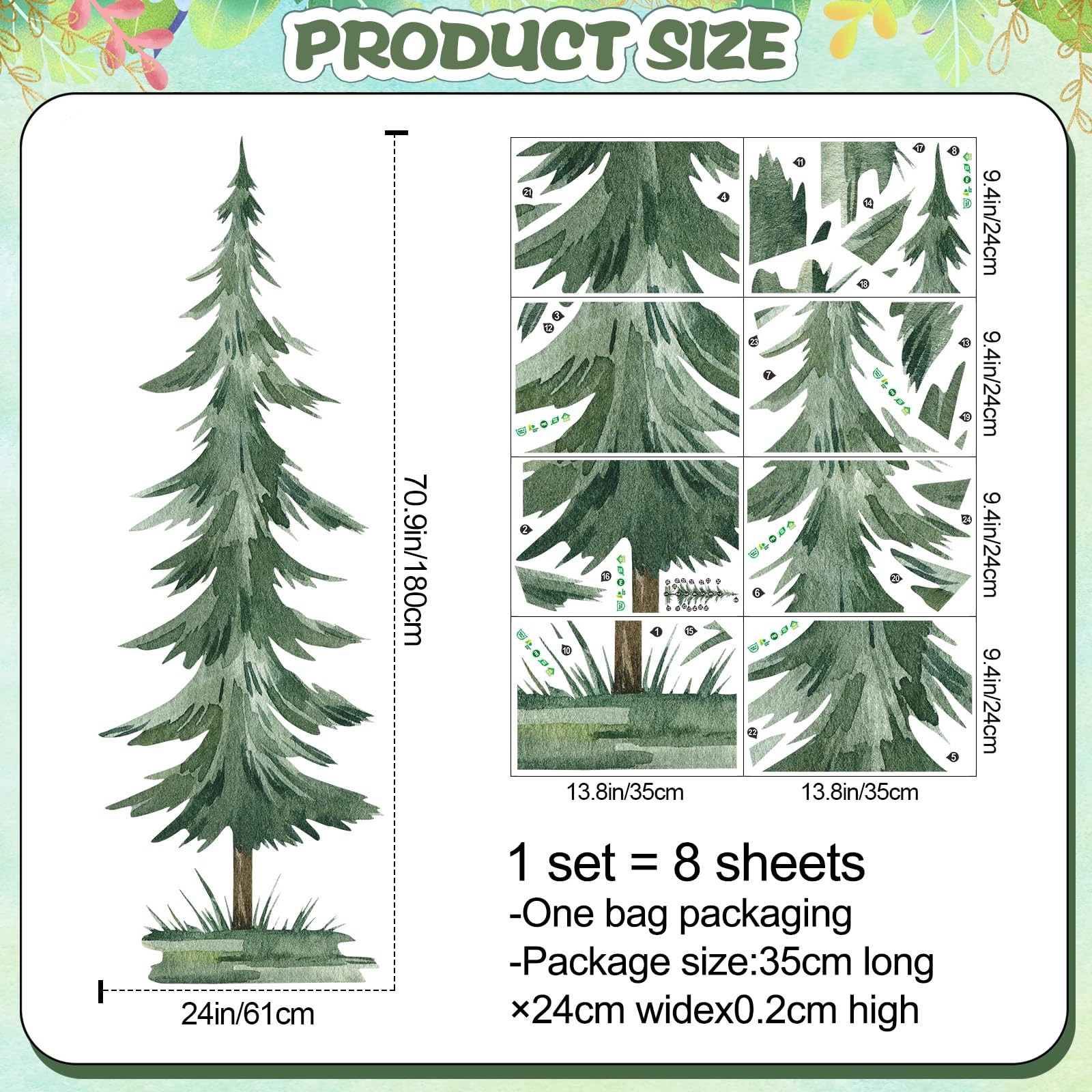 24×70.9 inch Large Pine Tree Wall Decals Removable Peel & Stick Forest Tree W…