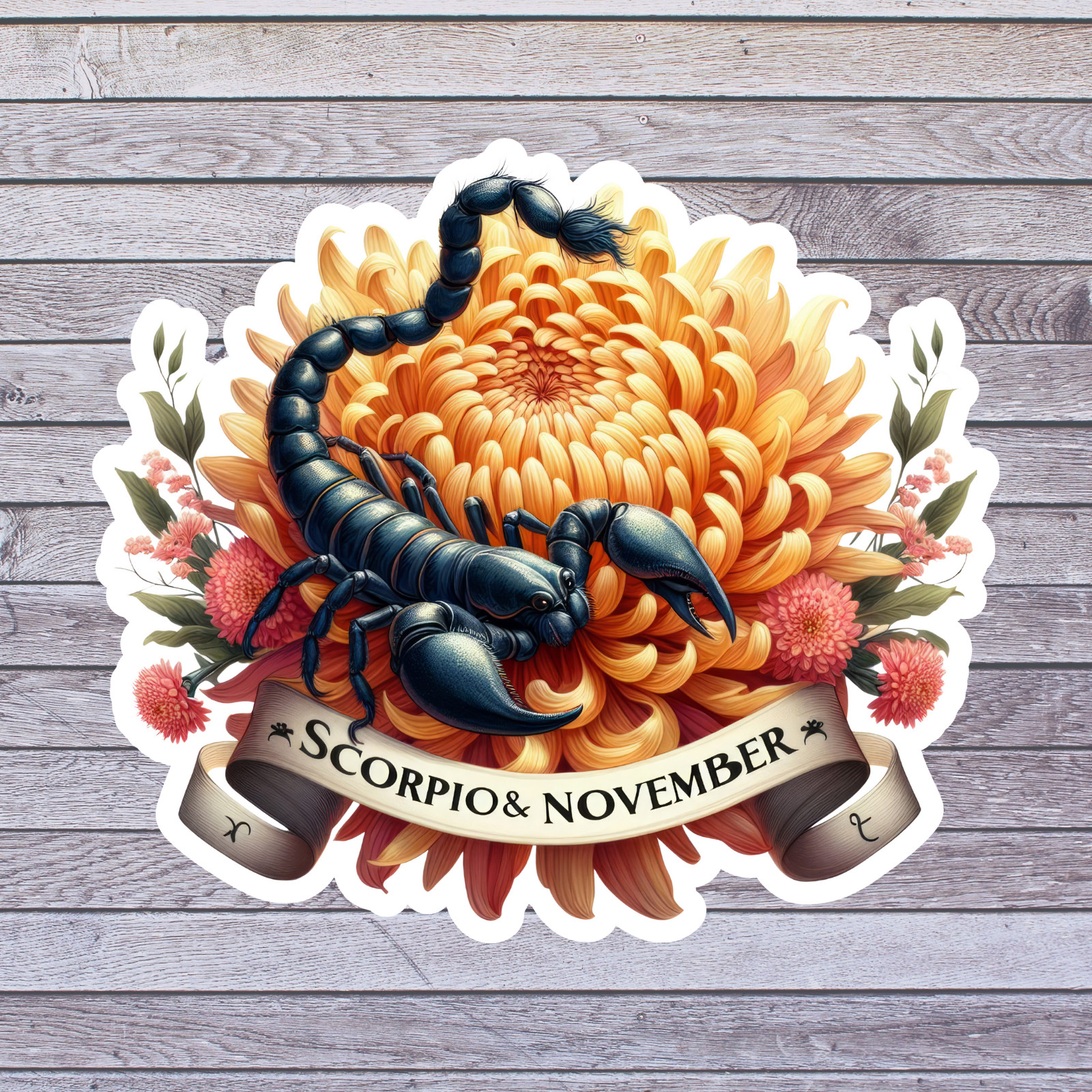 Scorpio sticker vinyl decal scorpion chrysanthemum flower zodiac november art