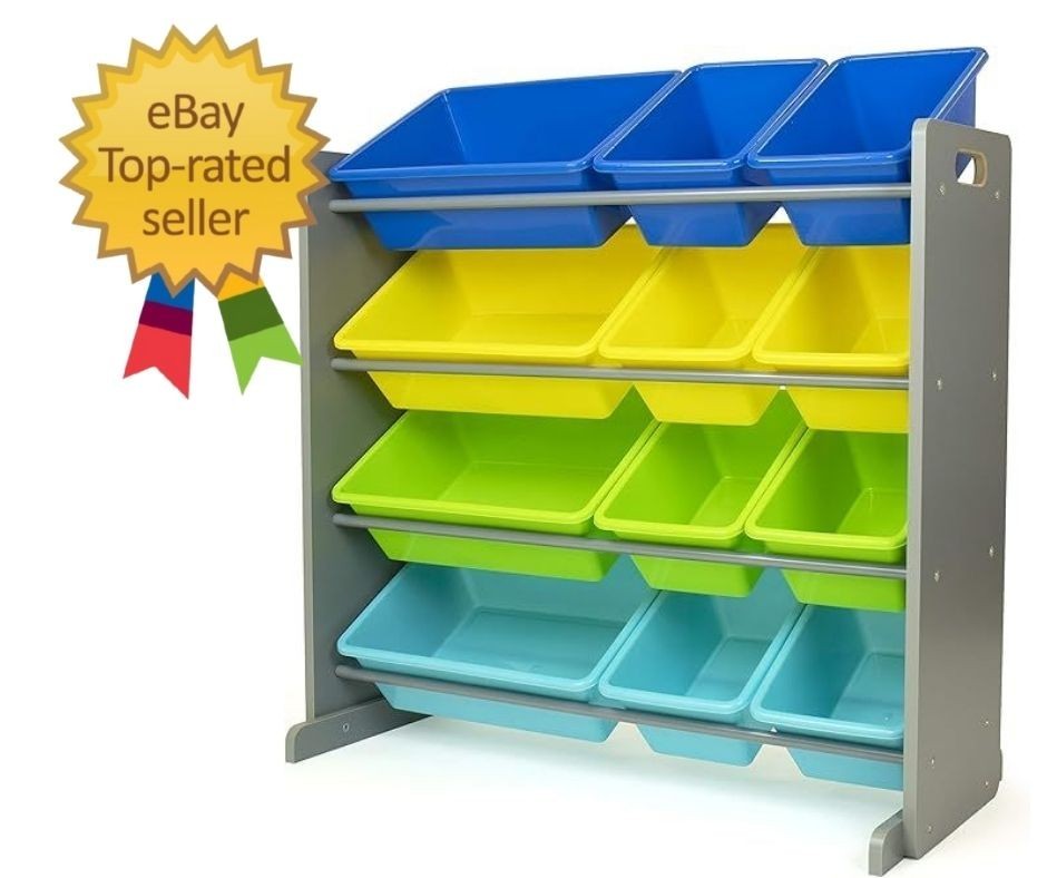 Kids Toy Storage Organizer with 12 Plastic Bins, Grey/Blue/Green/Yellow – Remova