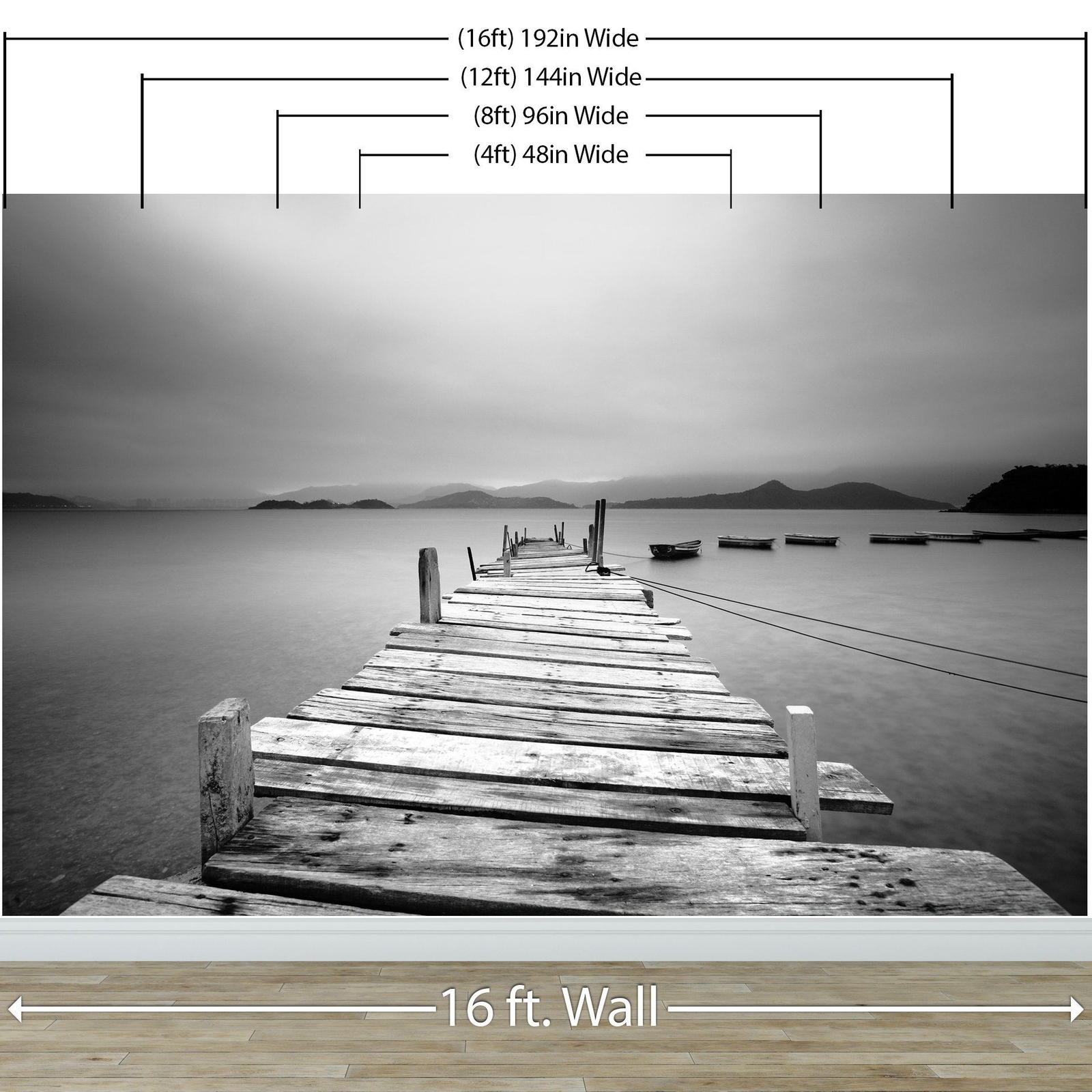 Misty Lake View Boat on Pier Black and White Mural Wall Decal Sticker #6143