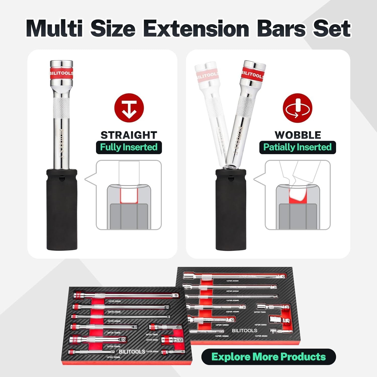 9 PCS Ratchet Extension Set, 1/4" 3/8" 1/2" Drive Extension Set, CR-V Steel wit