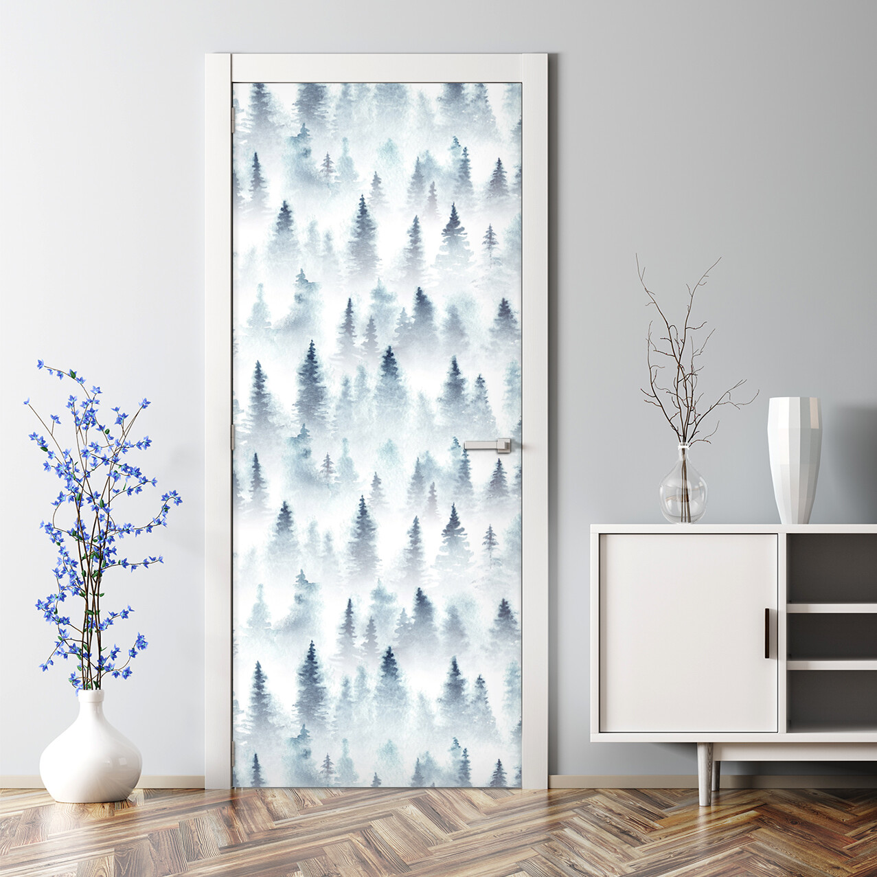 Foggy forest Bubble Free Door sticker blue and white Home Decor