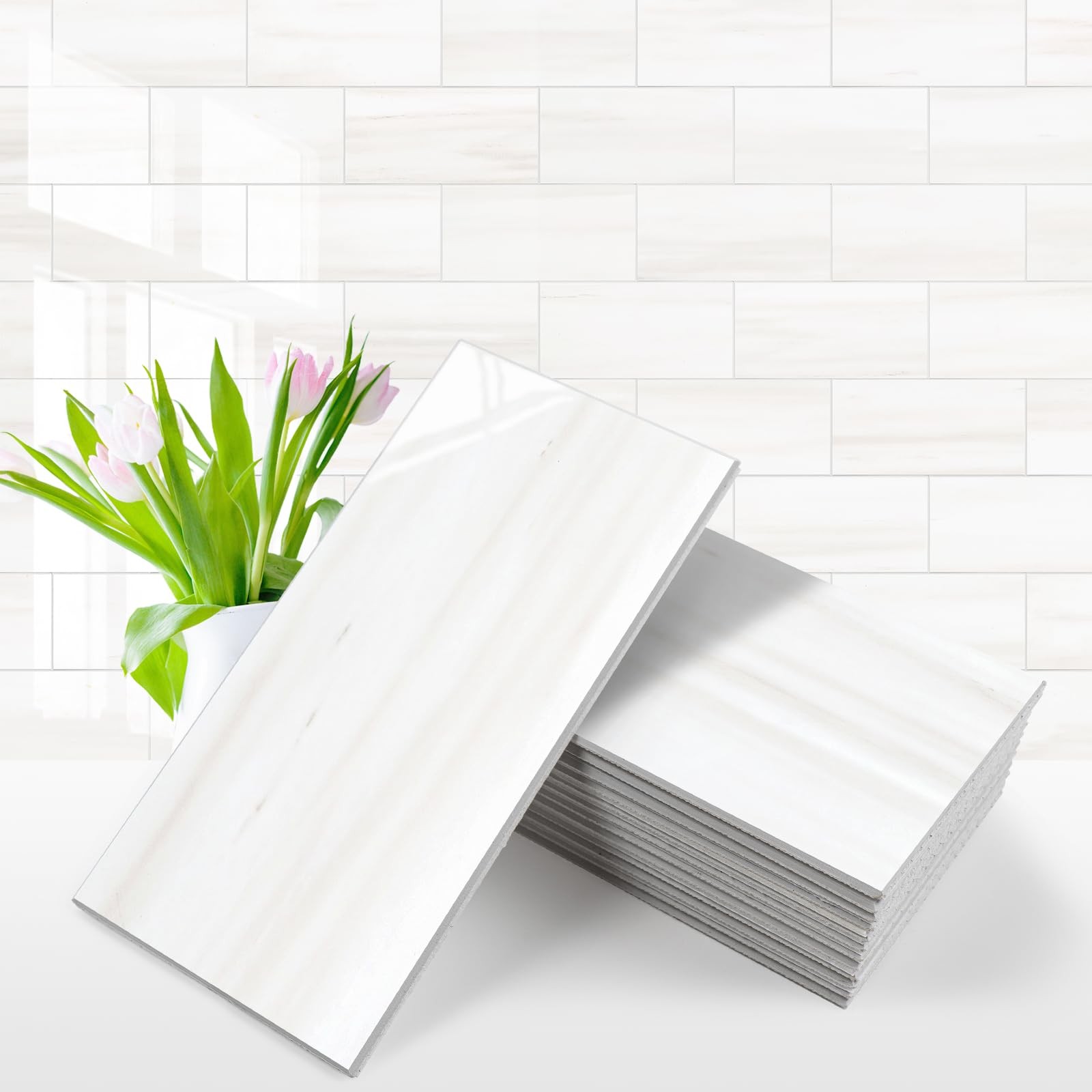 100-Piece Glossy Dolomite White Peel and Stick Backsplash Tile,3"x6" PVC Su…