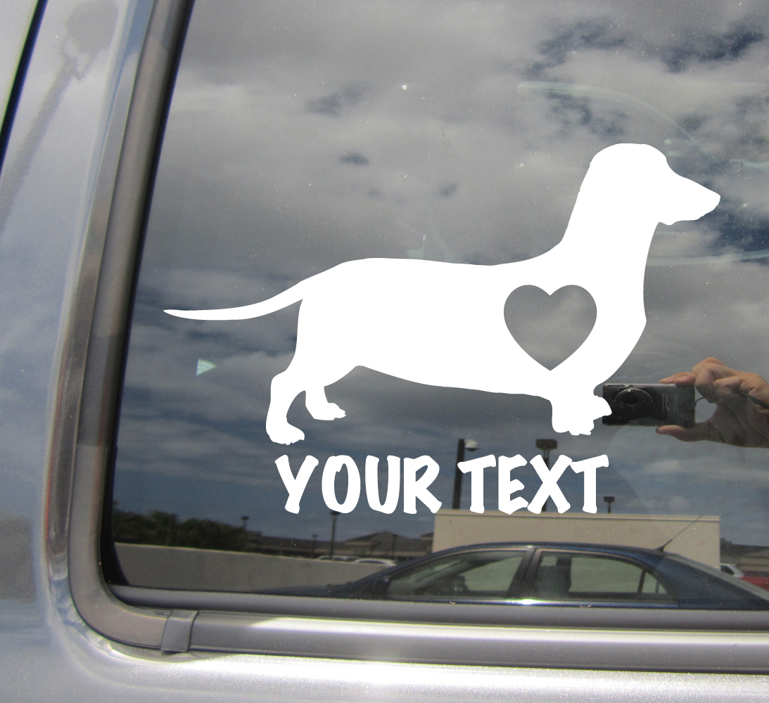 Dachshund Hot Dog Heart Love – Custom Text Puppy Car Vinyl Decal Sticker 01105