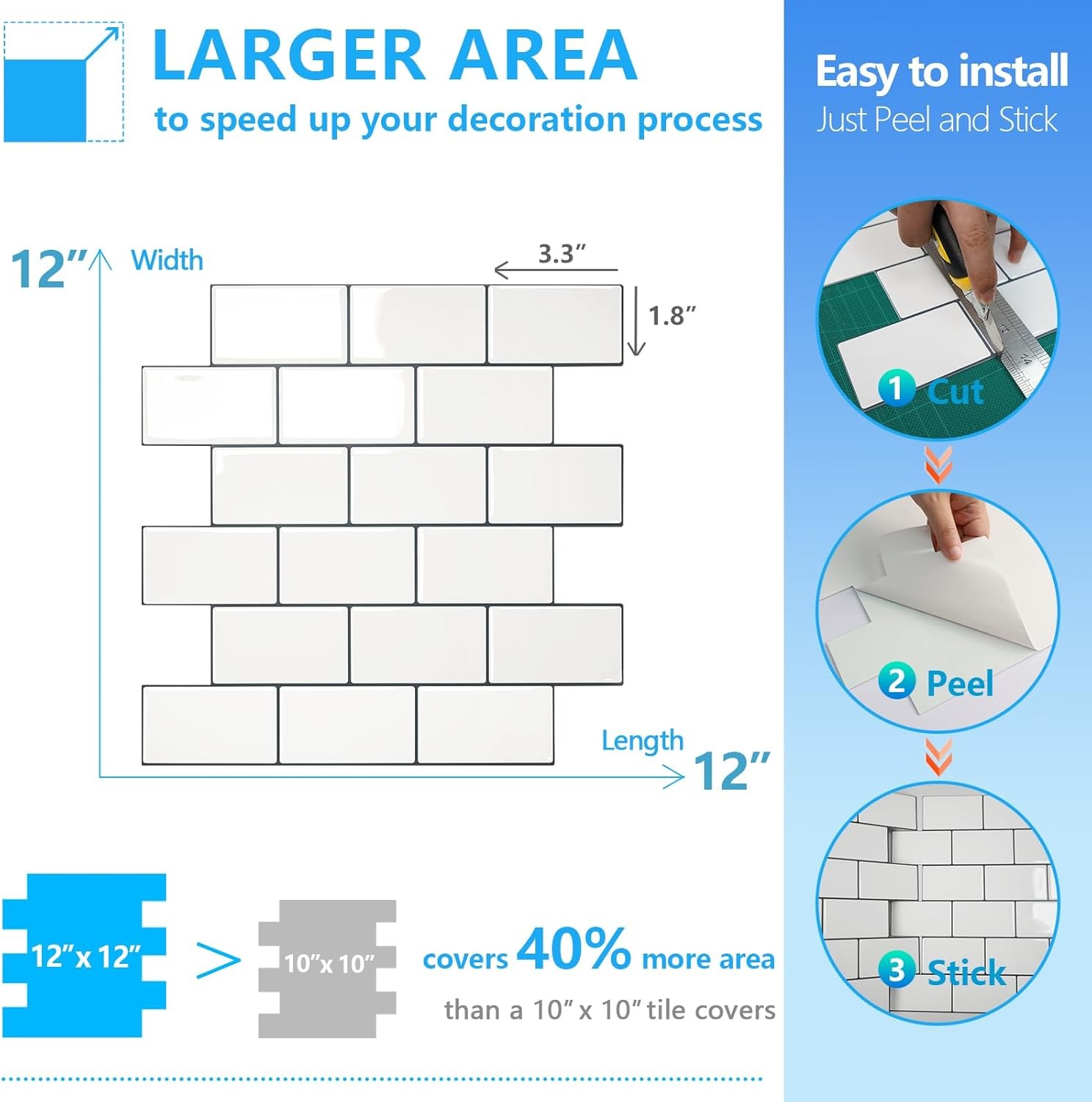 STICKGOO 10-Sheet White Subway Tiles Peel and Warm With Grey Grout