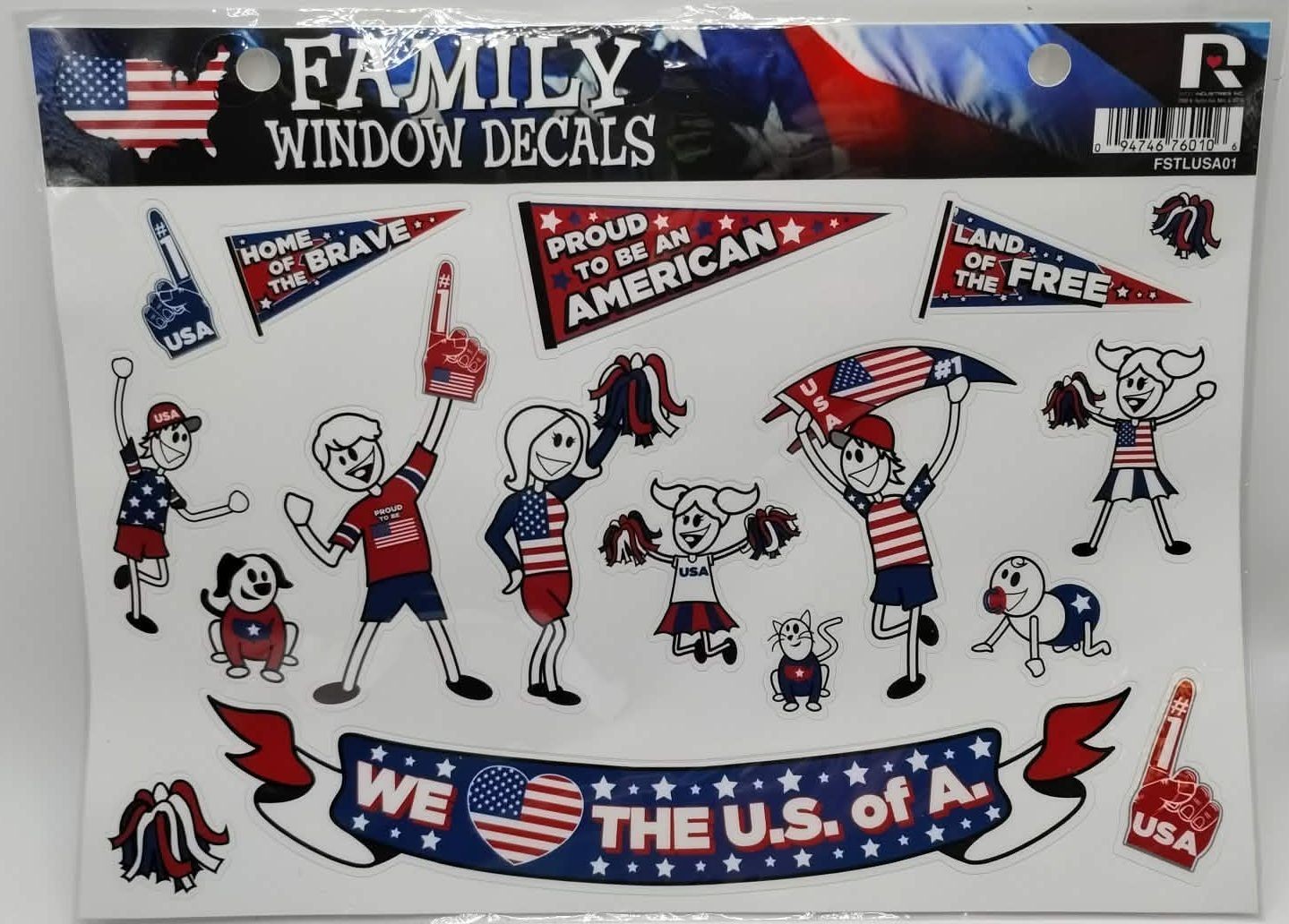NEW IN PKG Patriotic Family 17 Window Decals Car Vinyl Decal Bumper Stickers USA