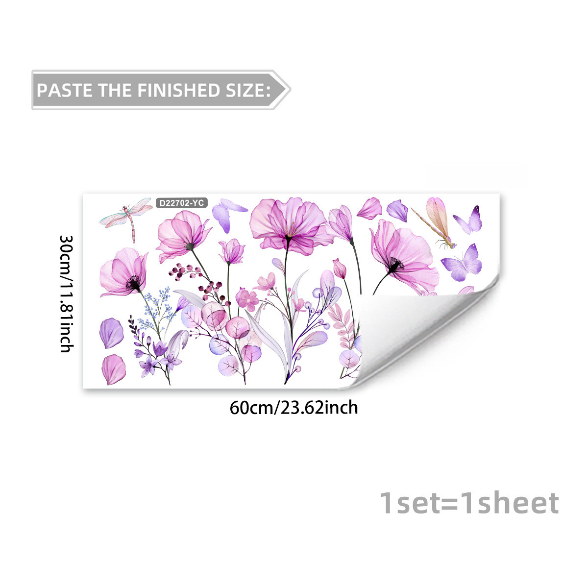 Static Window Sticker with Purple Flowers and Butterflies 11.81 by 23.62 in