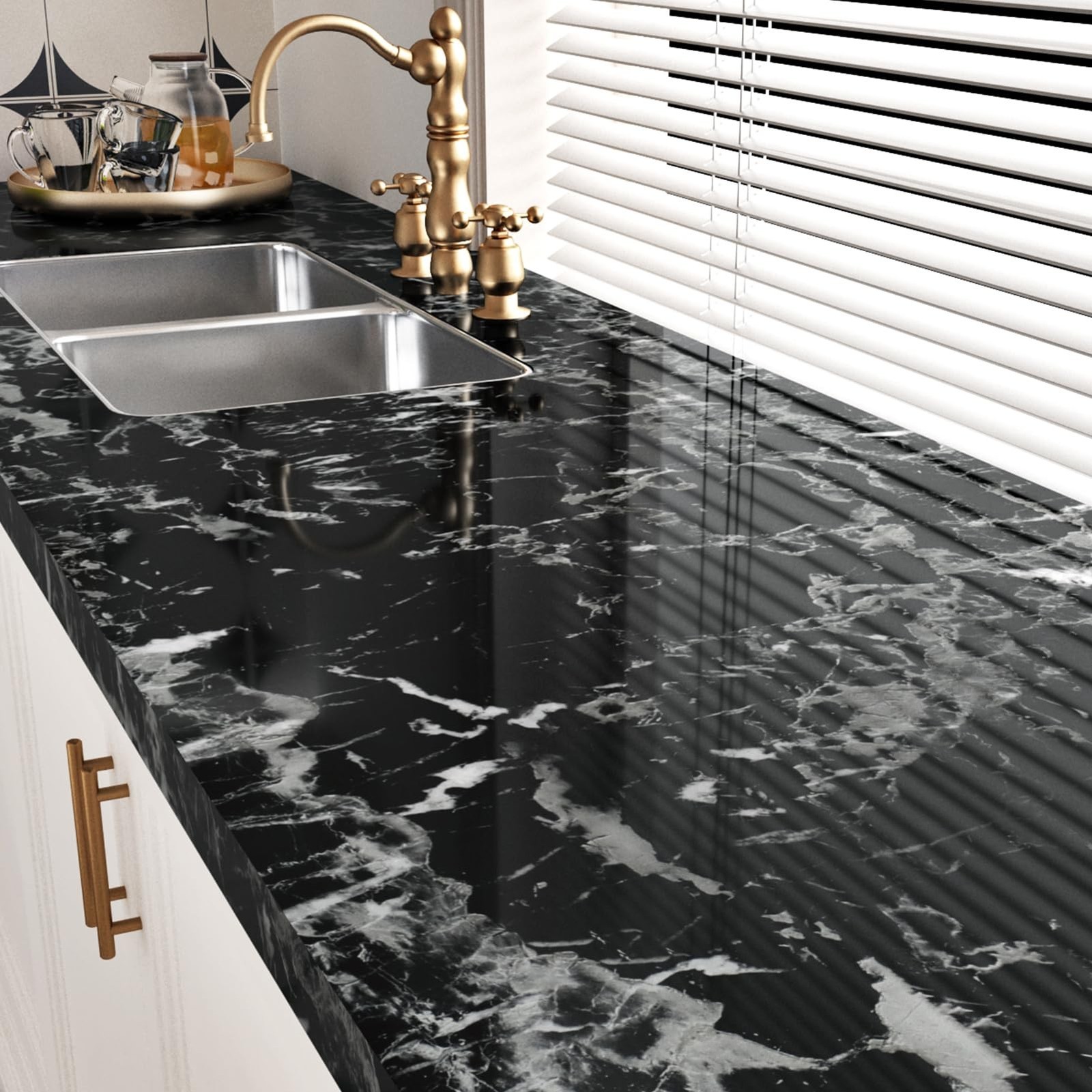 Glossy Black and White Marble Contact Paper for Kitchen Bathroom Shiny Granit…