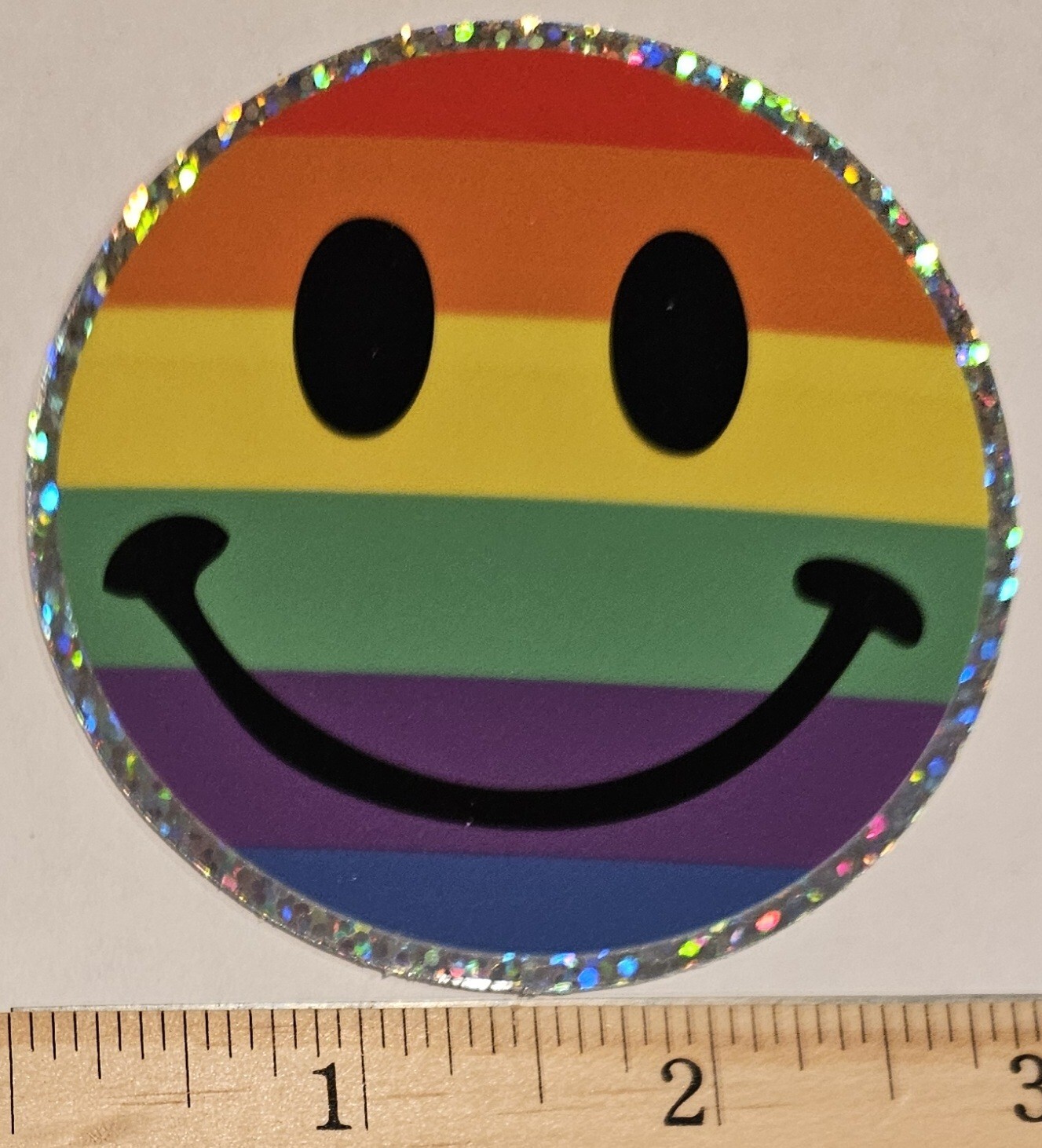 3x Rainbow Sparkle Smiley Face Vinyl Sticker 3" Round Smile Weatherproof