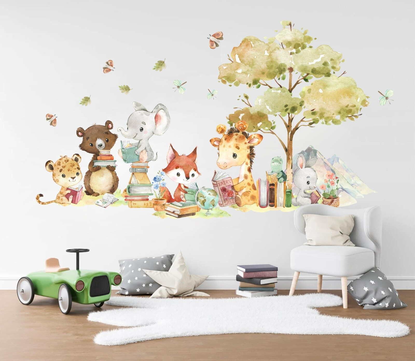 Baby Safari Animals reading and learning giraffe fox Jungle Wall Decal Sticker