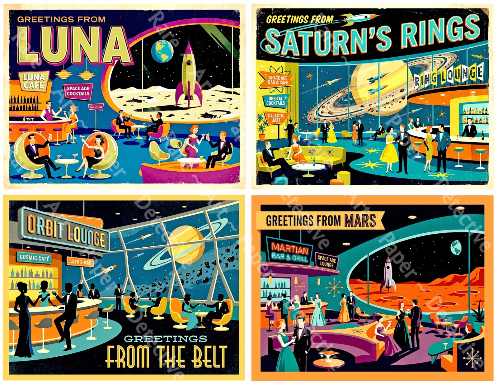 Space Adventure Bar Stickers, Mid-Century Modern, 4 Labels on 1 Sheet, 1537