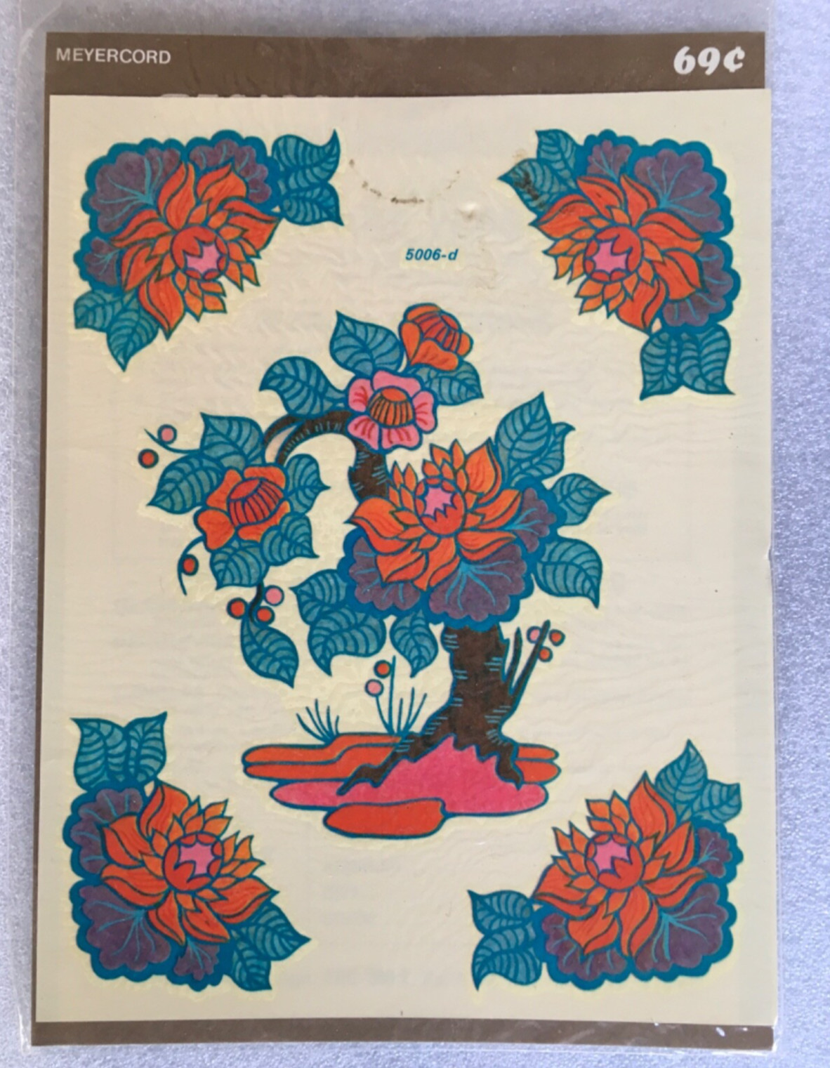NOS 1970’s Meyercord bonsai Tree color water decal Flowers Red Pink Dahlia