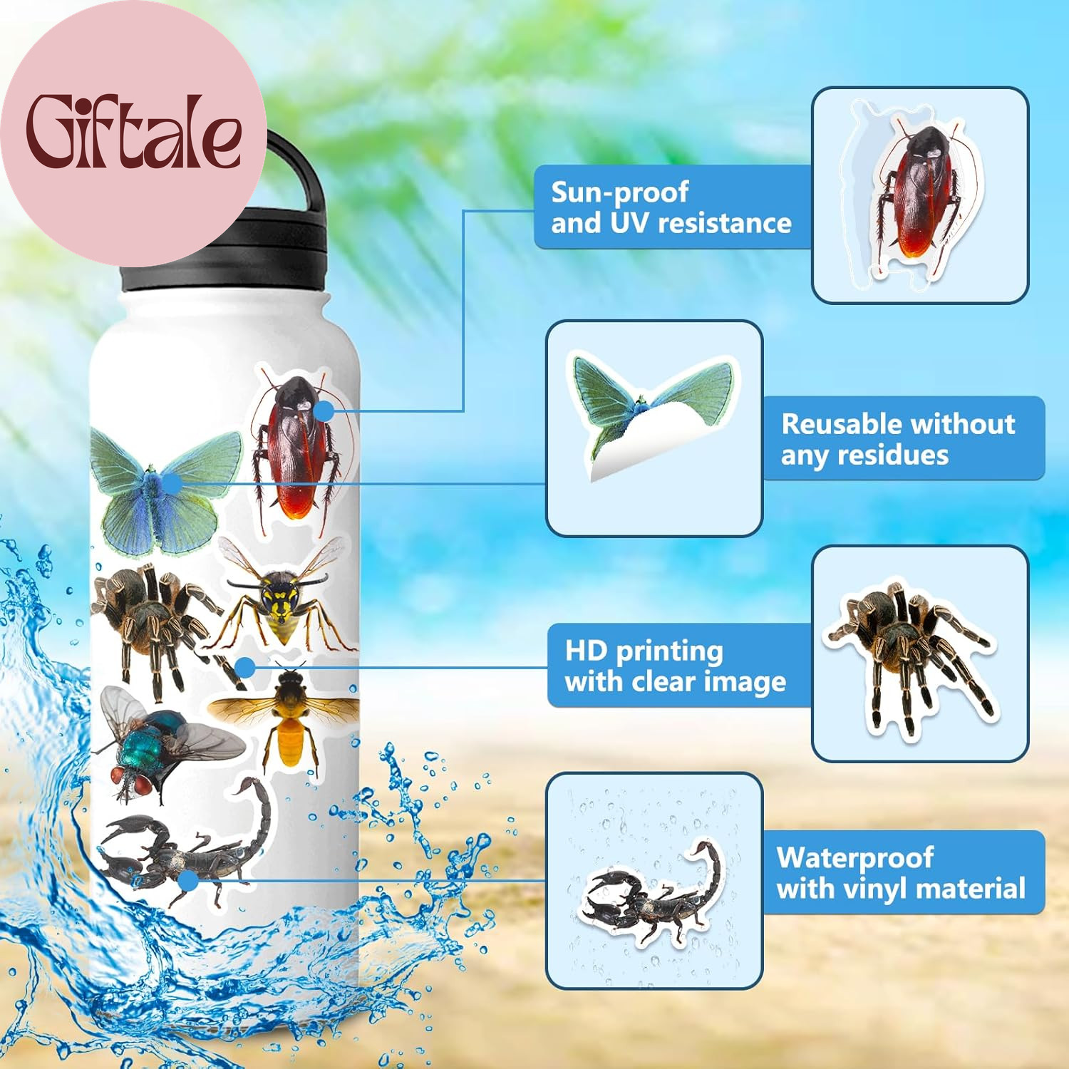 50 Pcs Lifelike Bug Stickers Pack for Kids Teens Adults, Waterproof Vinyl Insect