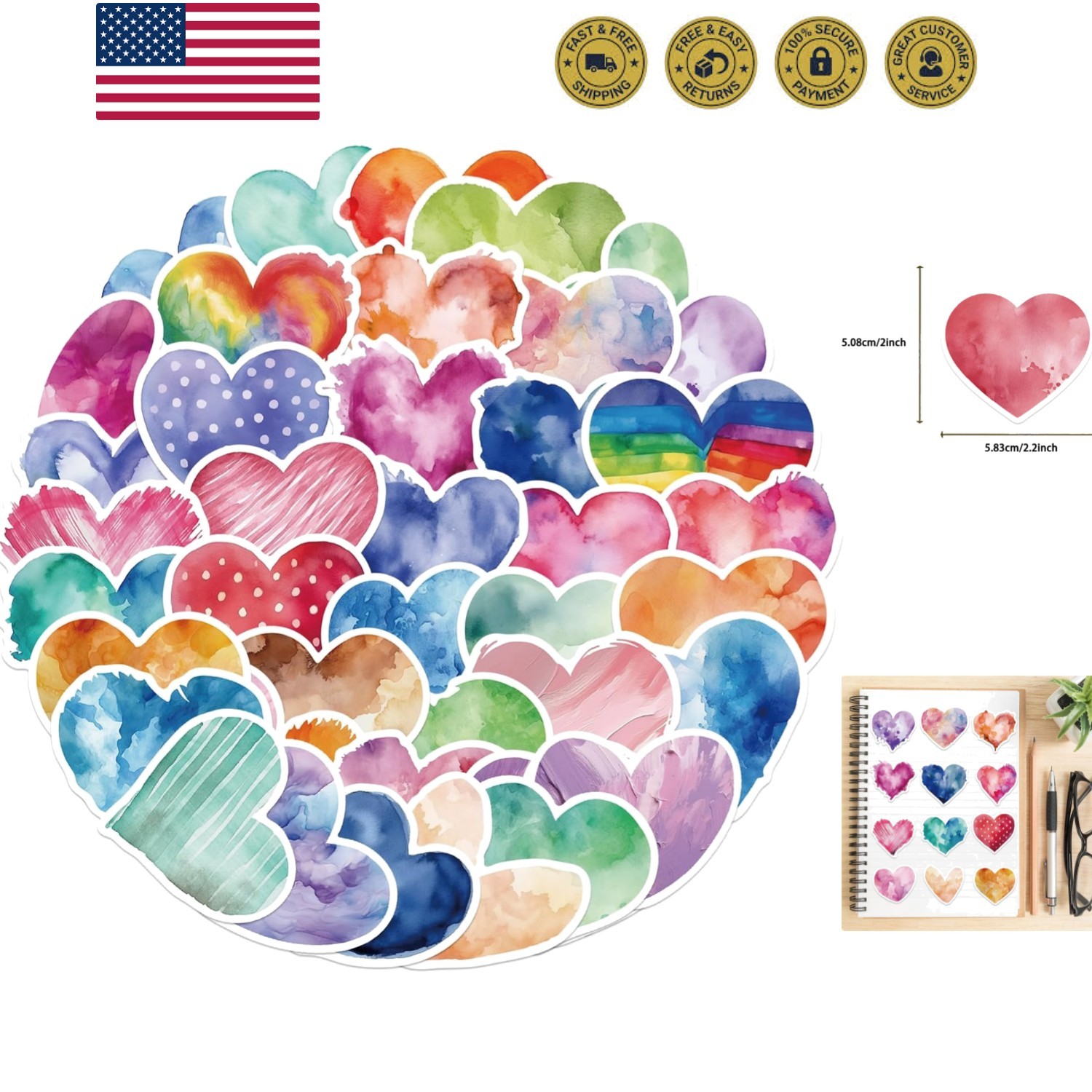 50pcs Love Heart Stickers for Teens Adults Kids Vinyl Waterproof Colorful Hea…