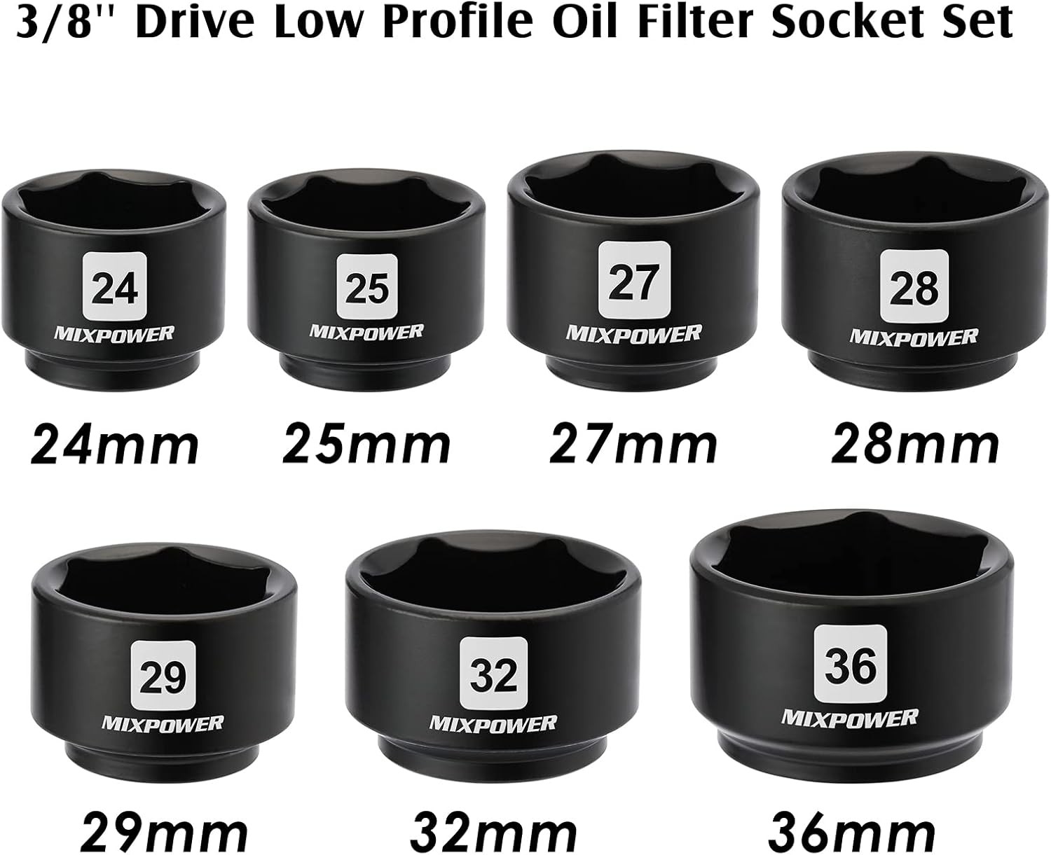 7 Pieces 3/8" Drive Low Profile Oil Filter Socket Set, 24mm, 25mm, 27mm, 28mm, 2