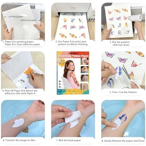 Printable Temporary Tattoo Paper for INKJET Printer, A4 8.5X11 Inch-6 SETS