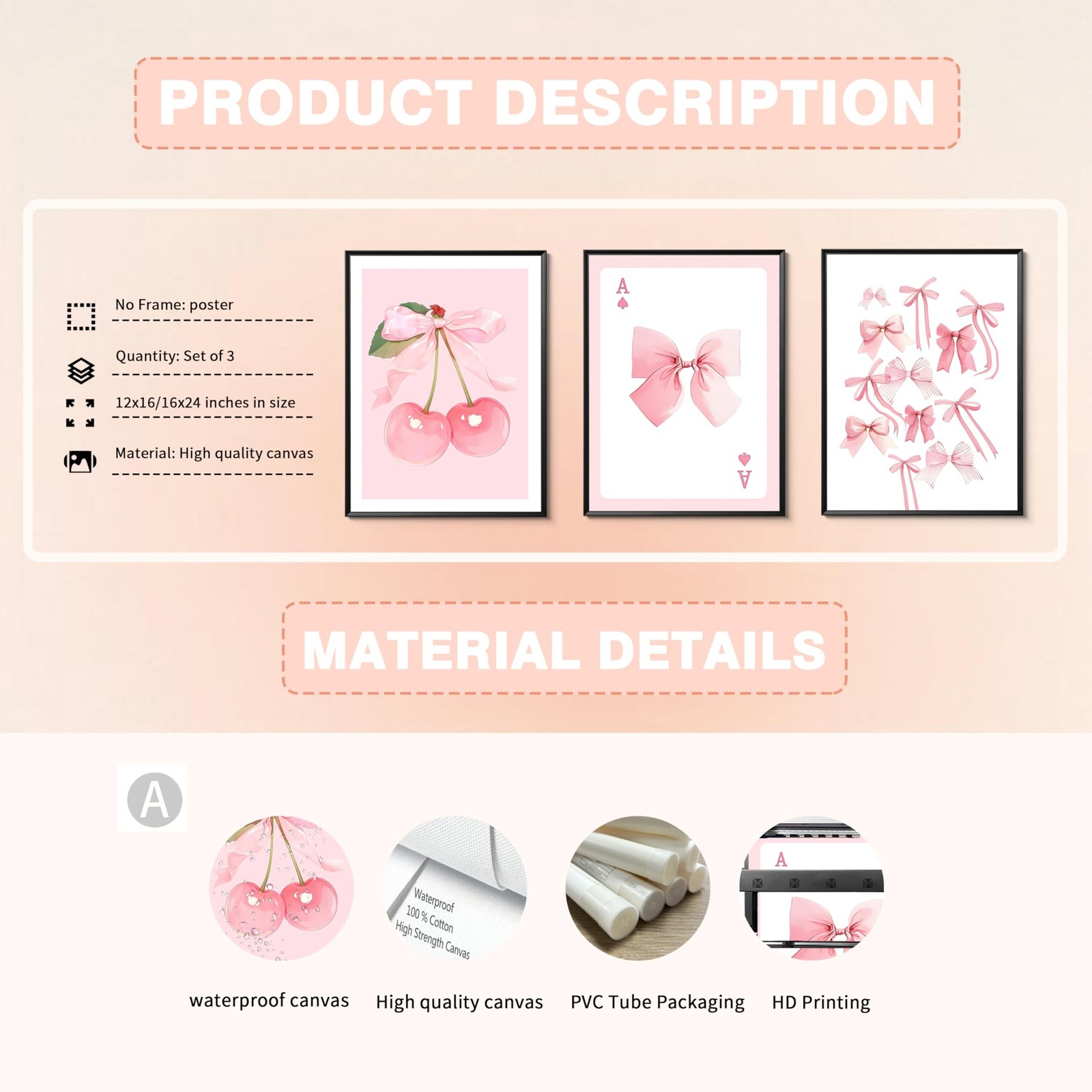 Trendy Pink Bows Posters Wall Art Set of 3, Vintage Preppy Cherry Picture Pri…
