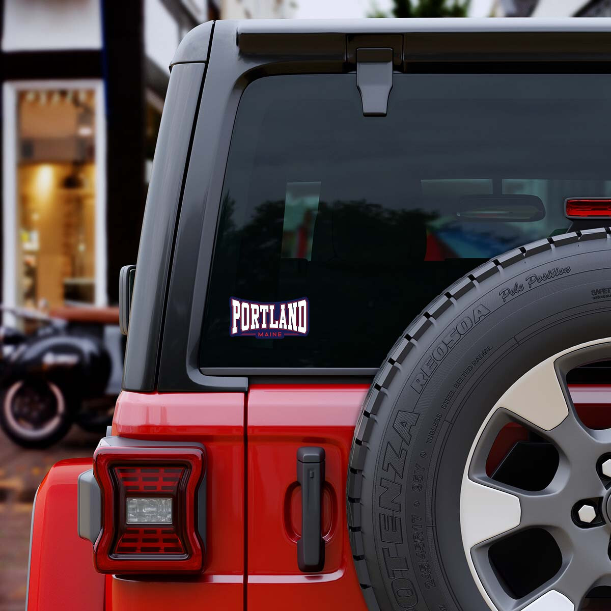 Portland Maine Double Arc Font US Flag Die Cut Sticker