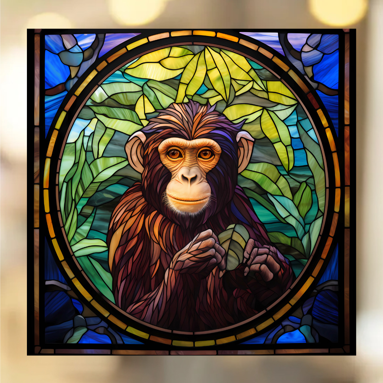 Monkey Faux Stained-Glass WINDOW CLING Size 8" Square Vinyl