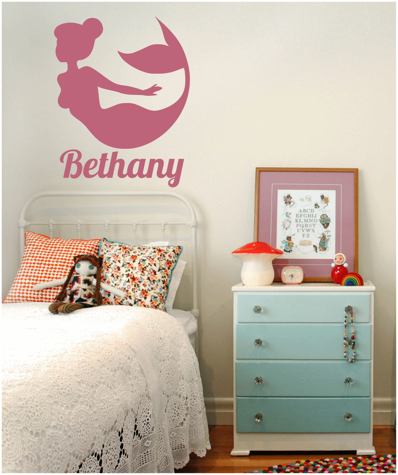 MERMAID W/ NAME 22" LARGE WALL VINYL DECAL YOUR CHOICE OF COLOR PERSONALIZED