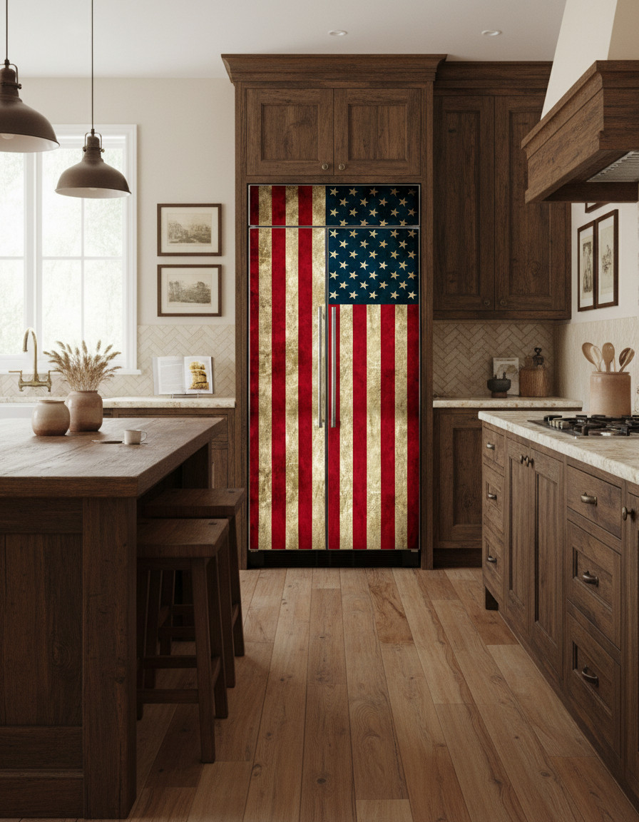 Vintage USA Flag Refrigerator Wrap Decal | Rustic American Patriotic Fridge