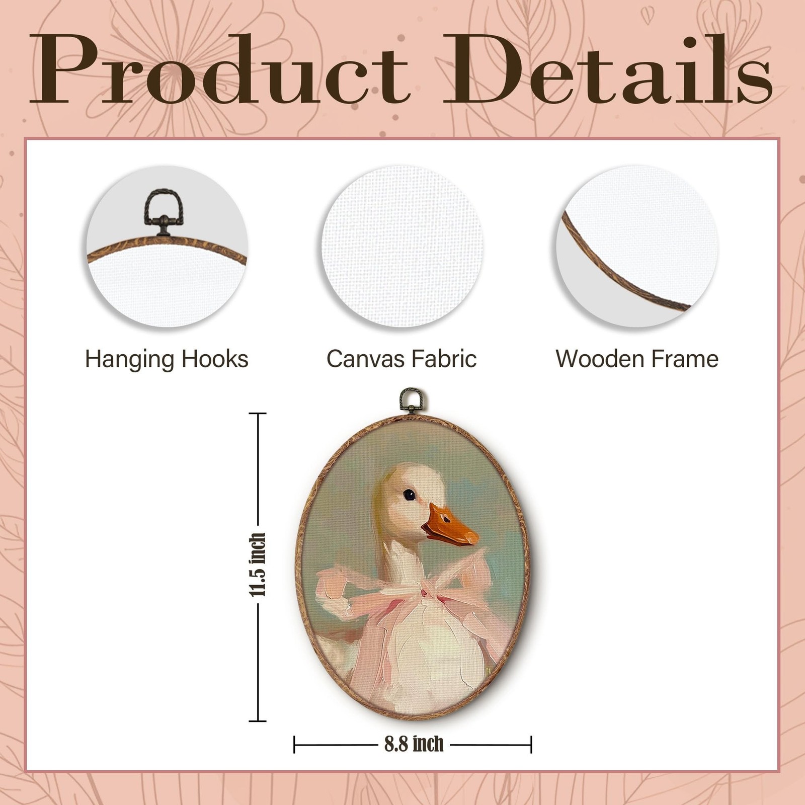 Coquette Pink Bow Duck Oval Wall Art Framed, Preppy Girly Oval Wall Decor, Vi…
