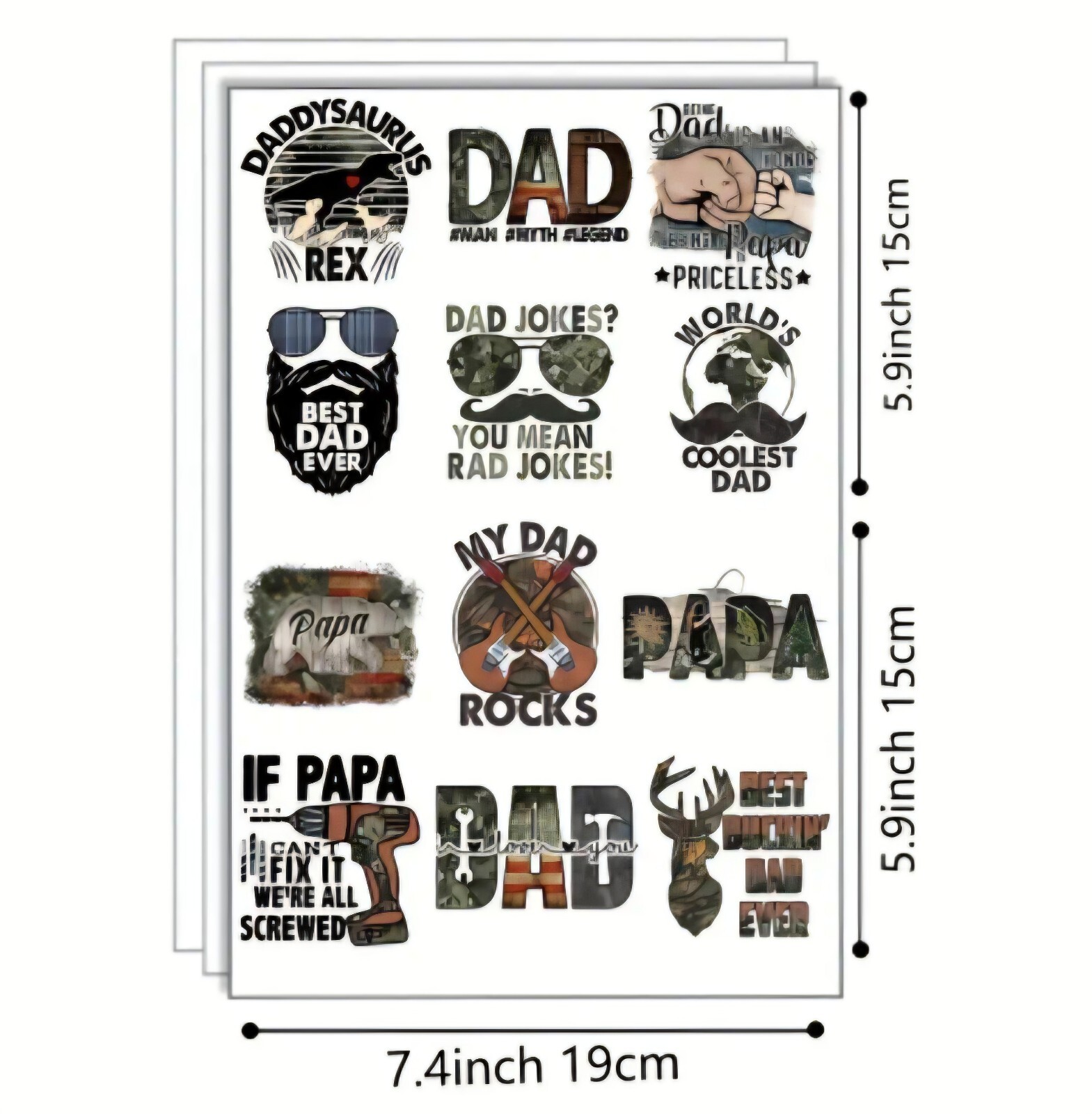 UV DTF Fathers Day Beard Mustache Transfer Sticker Set 12 Decals Appx 2.24 x 2.5