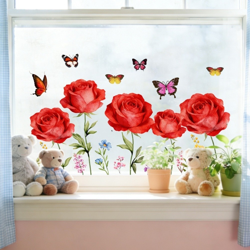 Floral Art Static Cling Sticker Red Roses Butterflies PVC 11.81 x 23.62 inches