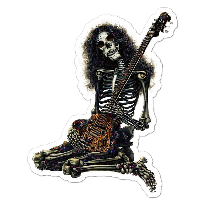 Skeleton Rock Band Guitar, Vinyl Decal Sticker, Indoor Outdoor, 3 Sizes, #9122