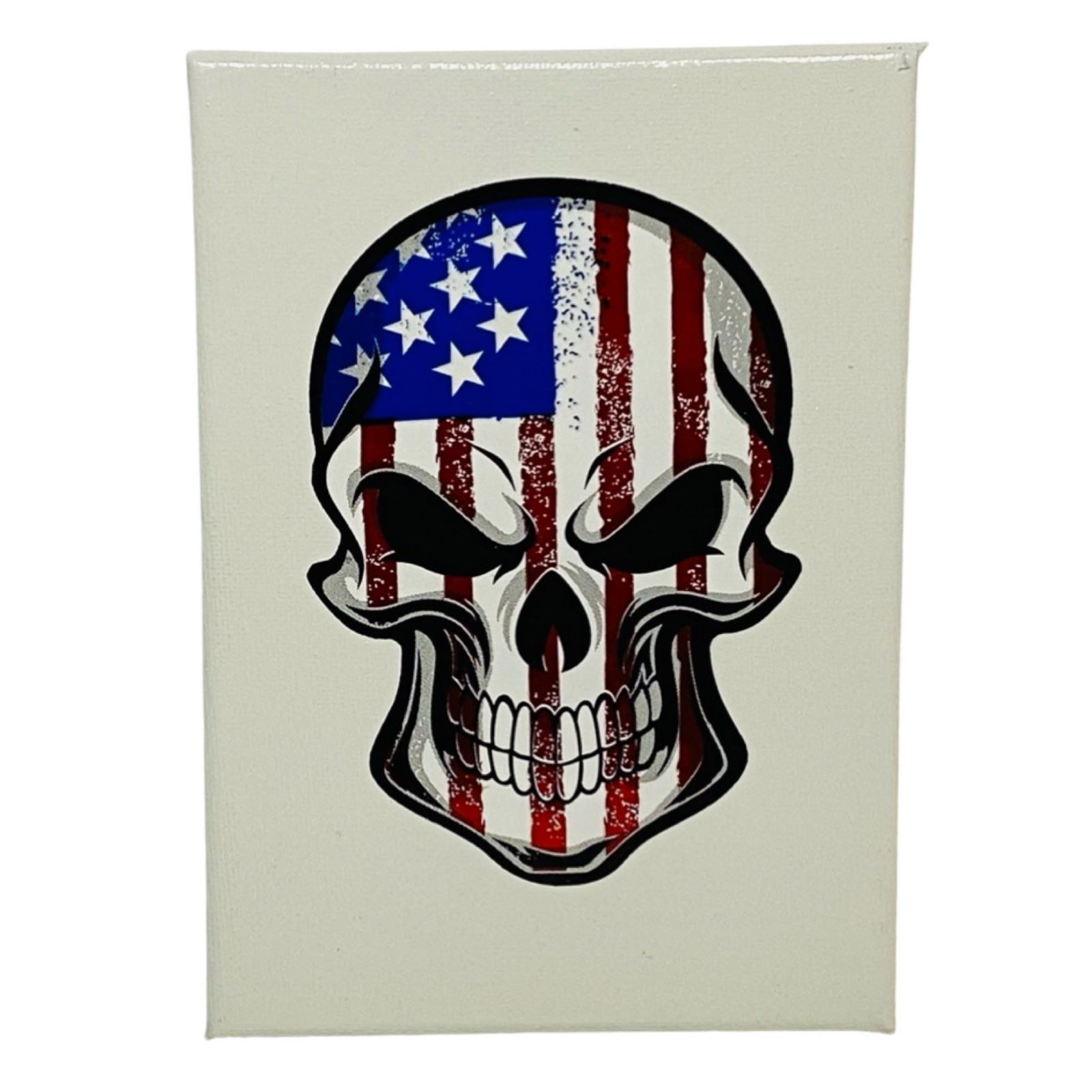 American Flag Skull Sticker on 5" x 7" x 1/2" Painted Canvas with Hangar on back