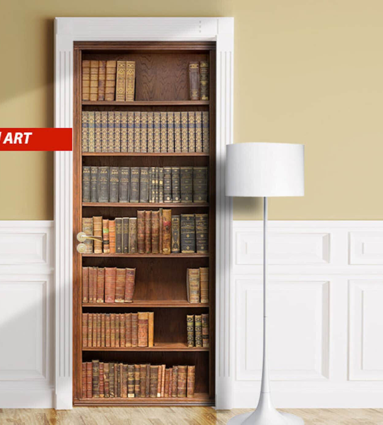 Fake Bookshelf Door Mural, Dementia Friendly. Antique Books 1-Piece Design