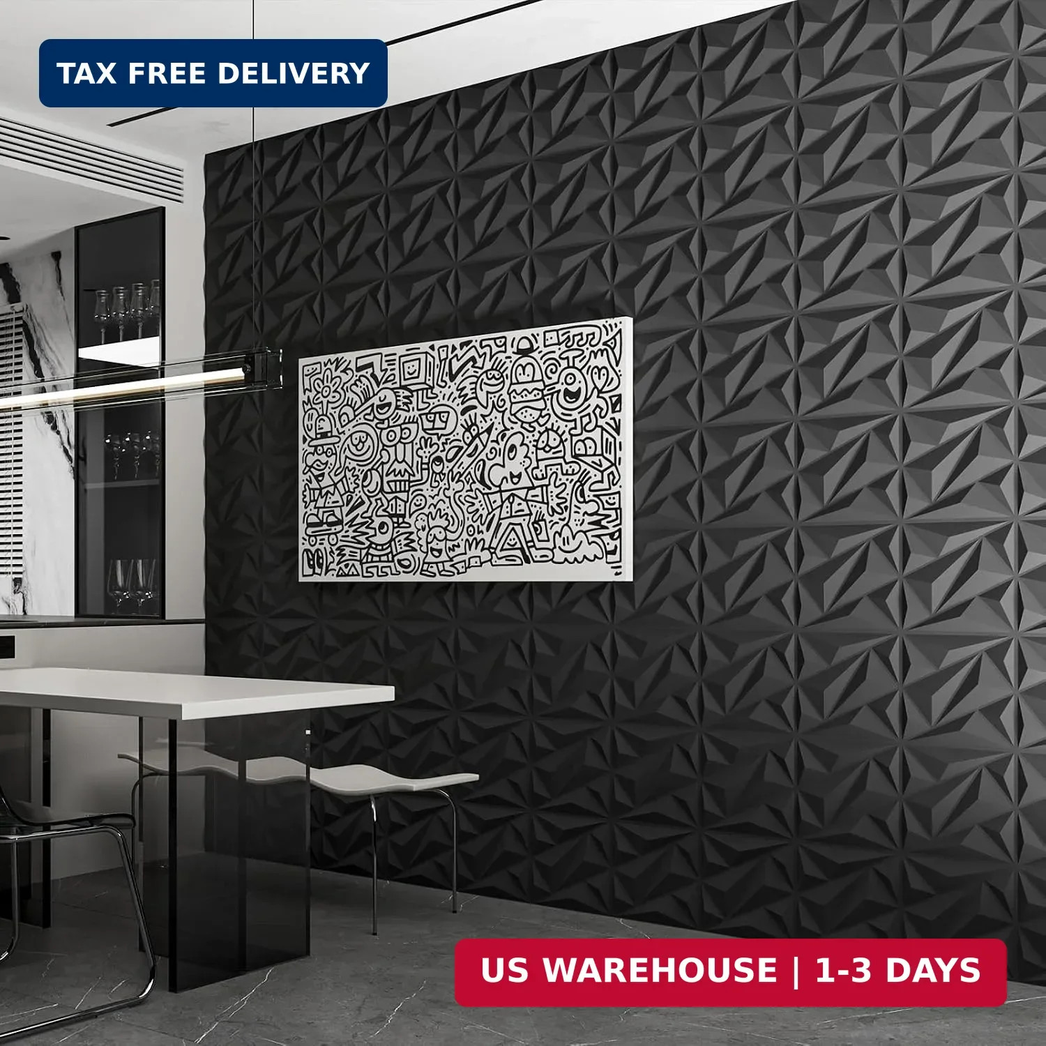 Art3dwallpanels 33 Pack 3D Wall Panels Diamond, Black, 12"x12" | PVC Accent Wa