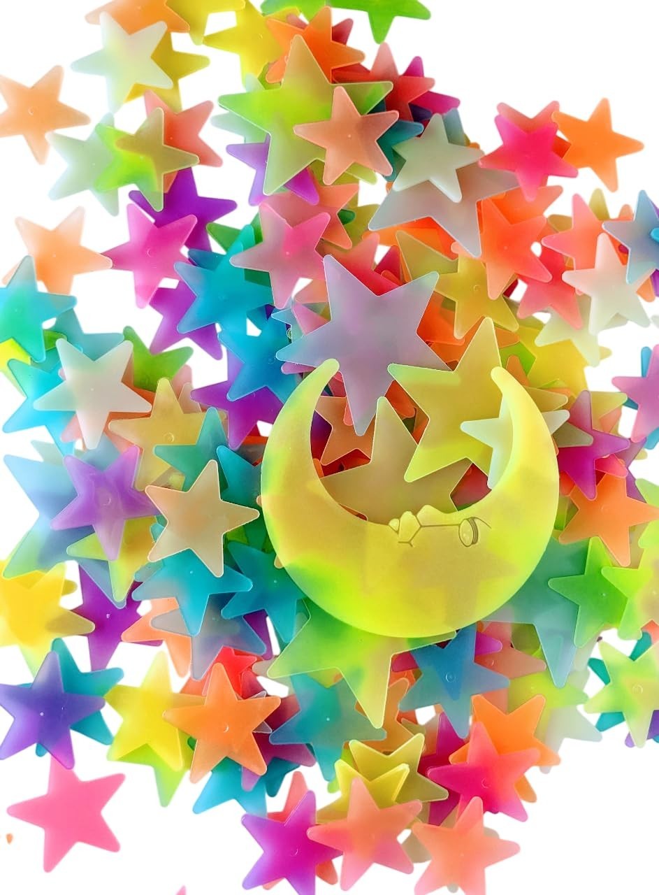 Multi-Colored Glow Stars Set – 200 Room Stickers with Bonus Moon for Kids' Décor