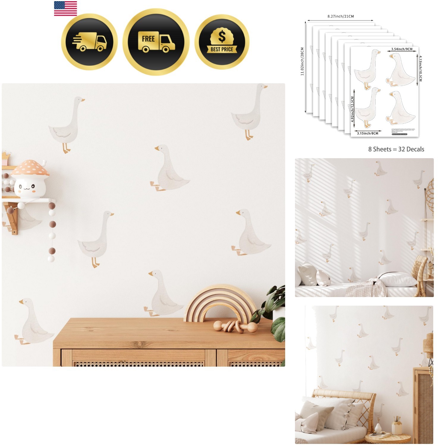 32 Pcs Silly Goose Nursery Decor Peel and Stick, Animals Birthday Decorations…