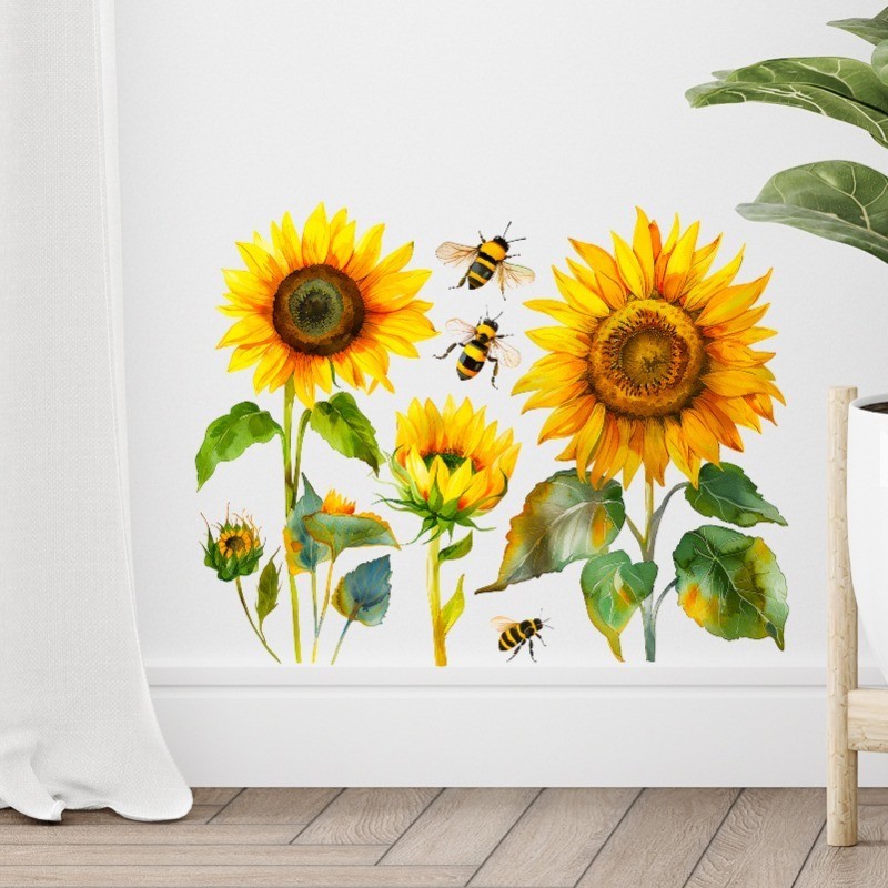 1pc Sunflower and Bee Wall Sticker, PVC Self-Adhesive Sticker